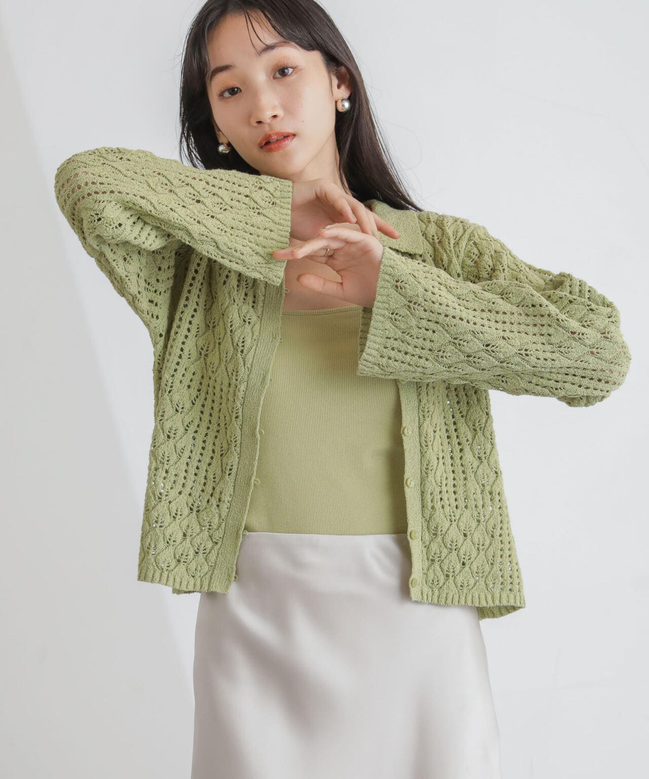 衿付き透かし編みカーディガン 6734122319