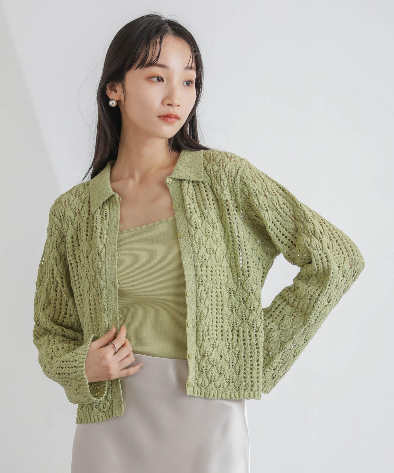 衿付き透かし編みカーディガン 6734122319