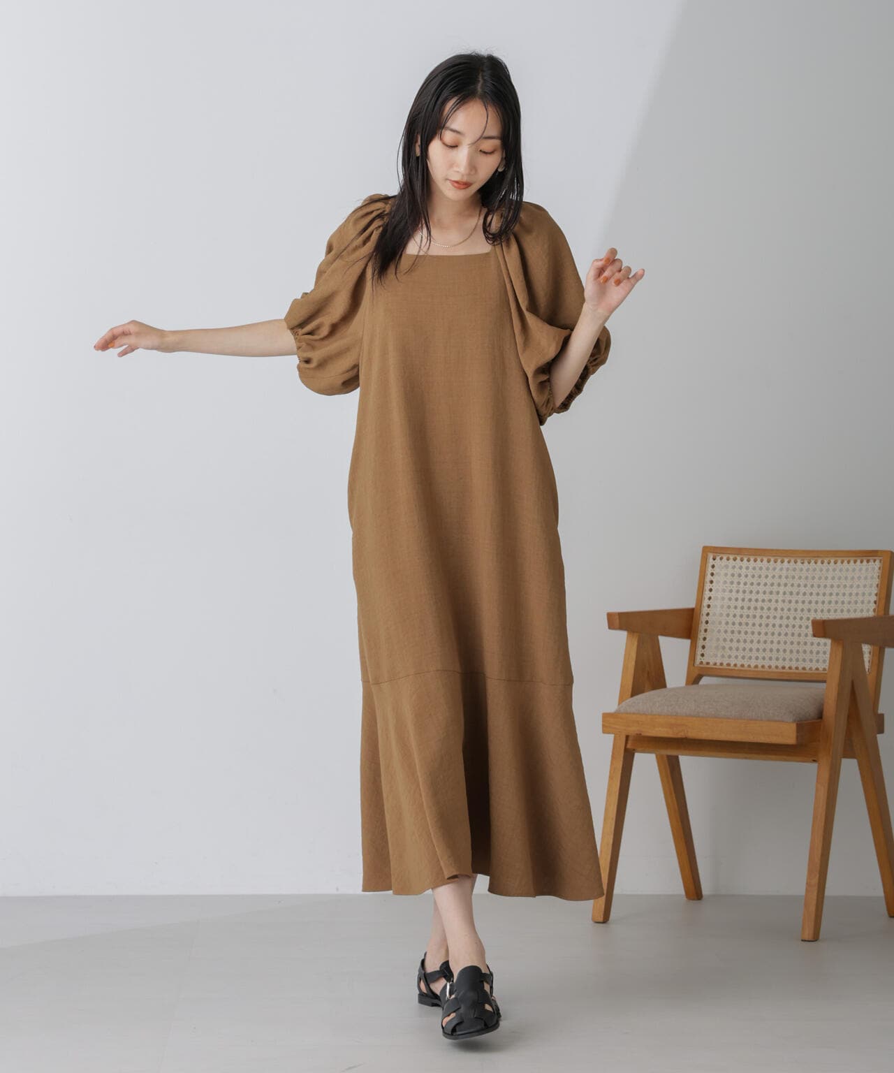 ボリュームスリーブフレアワンピース 6734219308