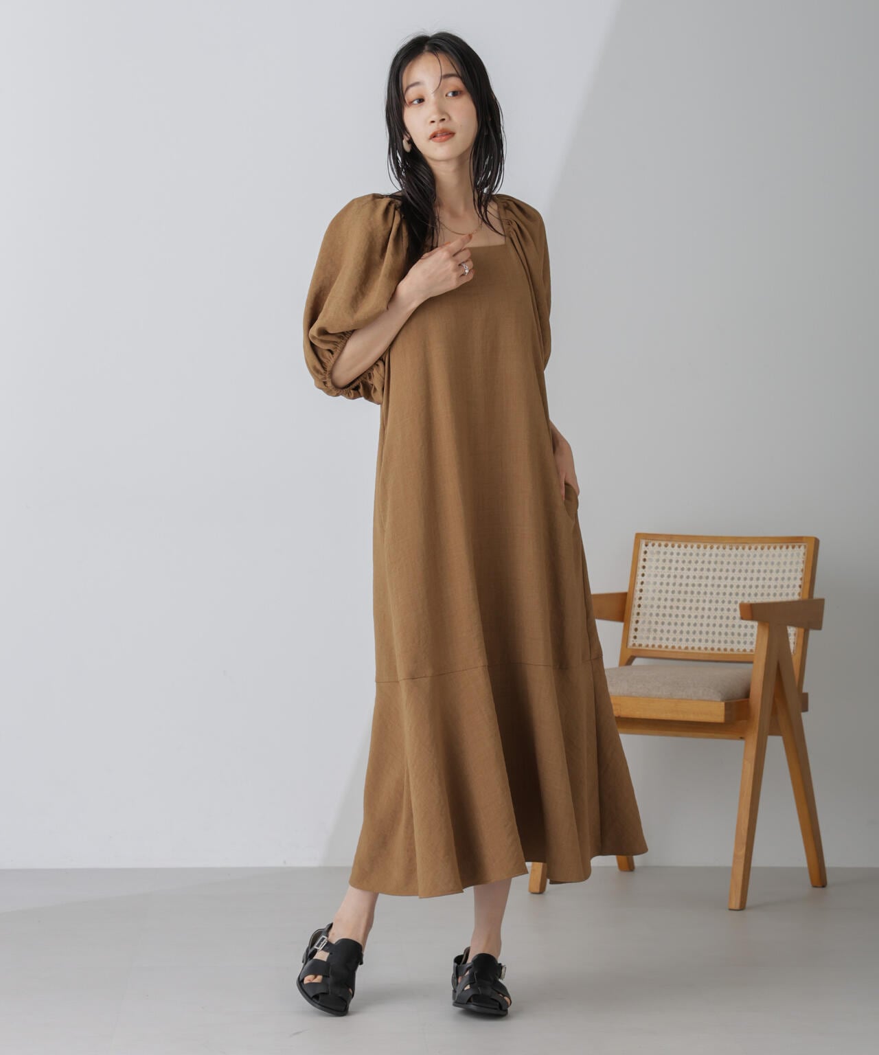 ボリュームスリーブフレアワンピース 6734219308