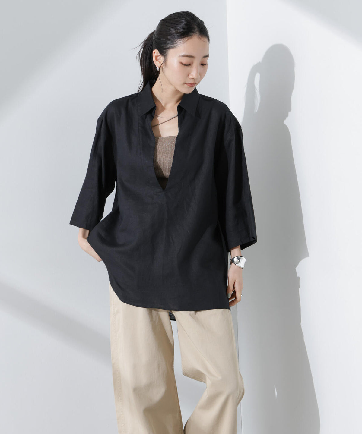 Anti Smell Linen プルオーバーVネックシャツ 6735121301