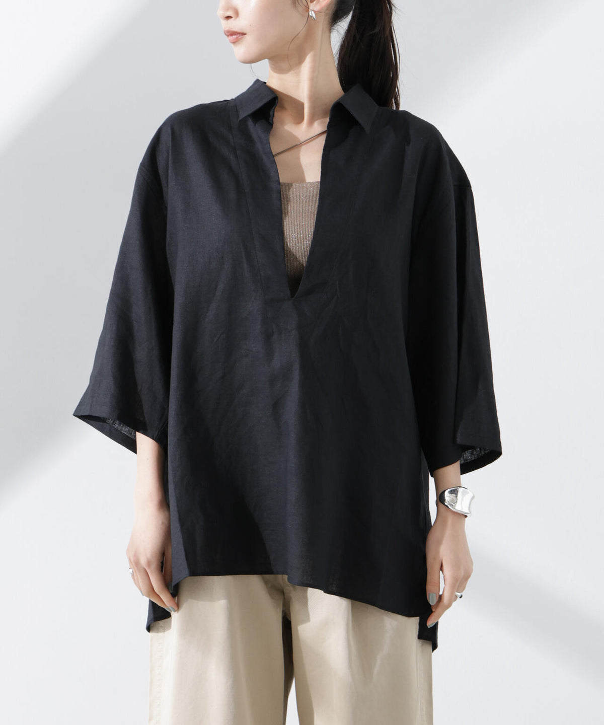 Anti Smell Linen プルオーバーVネックシャツ 6735121301