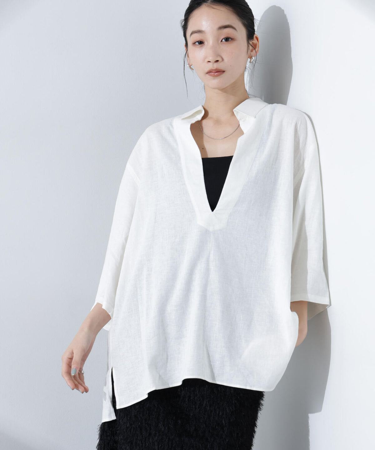 Anti Smell Linen プルオーバーVネックシャツ 6735121301