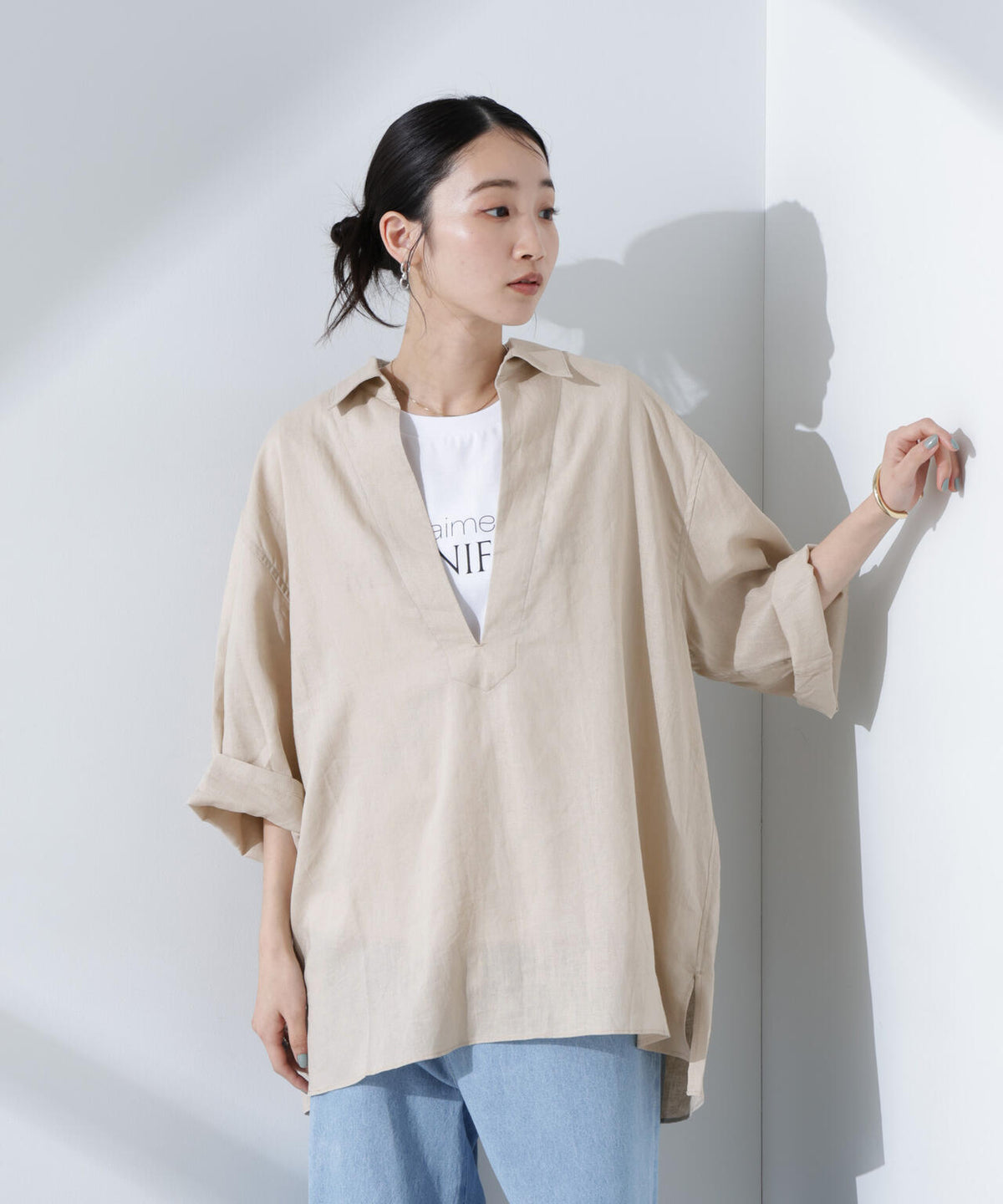 Anti Smell Linen プルオーバーVネックシャツ 6735121301