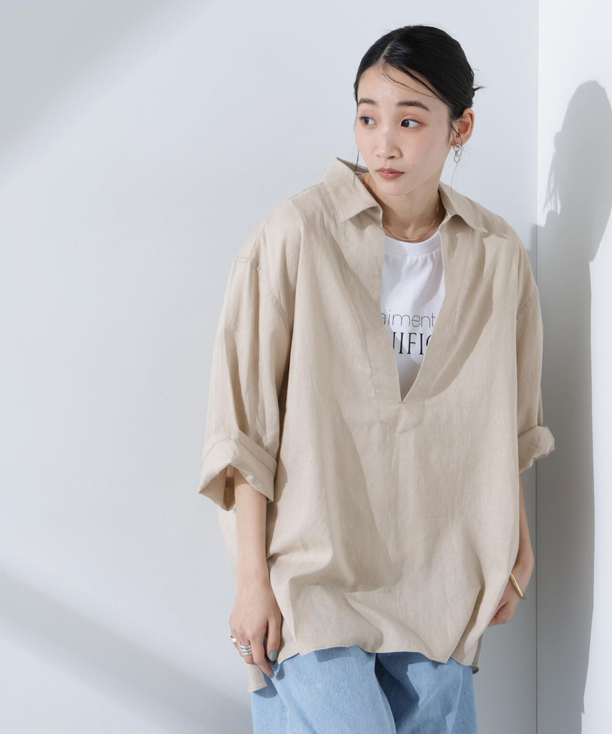 Anti Smell Linen プルオーバーVネックシャツ 6735121301