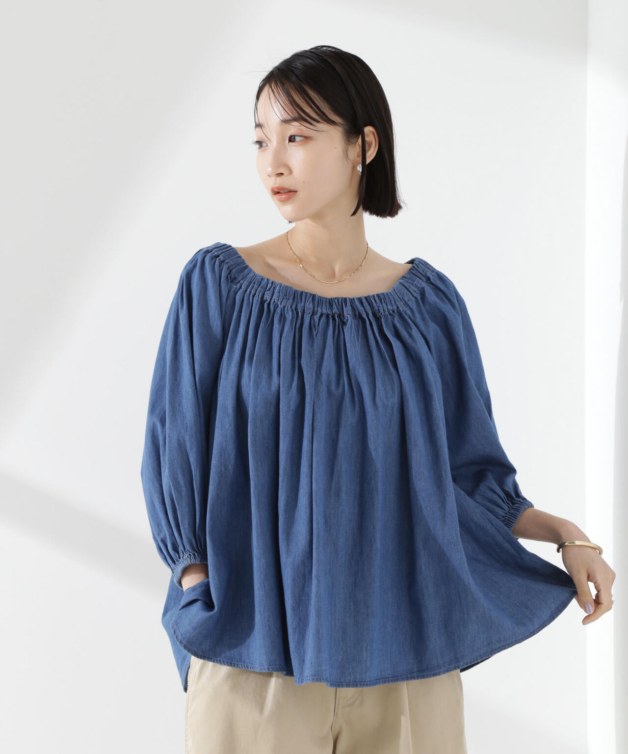 ライトデニムギャザーブラウス(セットアップ可) 6735121310