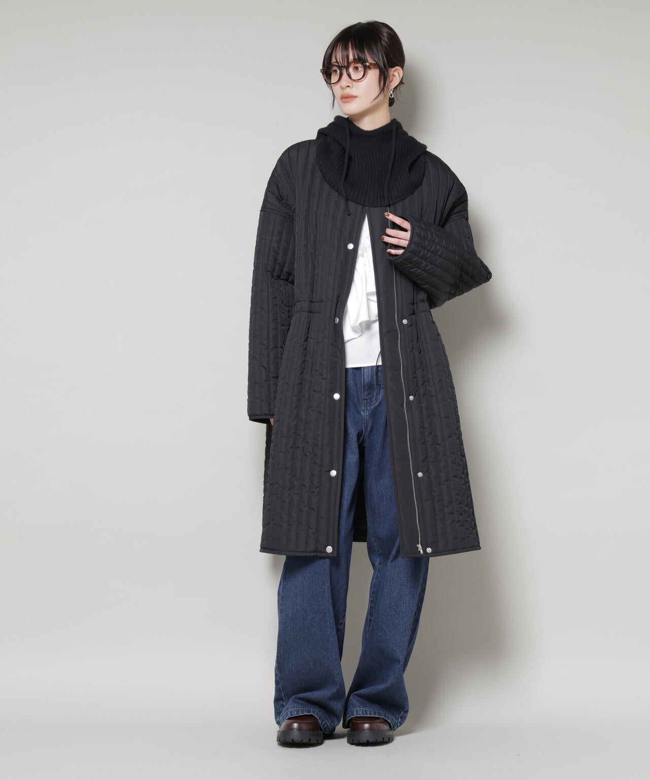 撥水加工 中綿キルティングウエストドロストノーカラーコート 6735211312