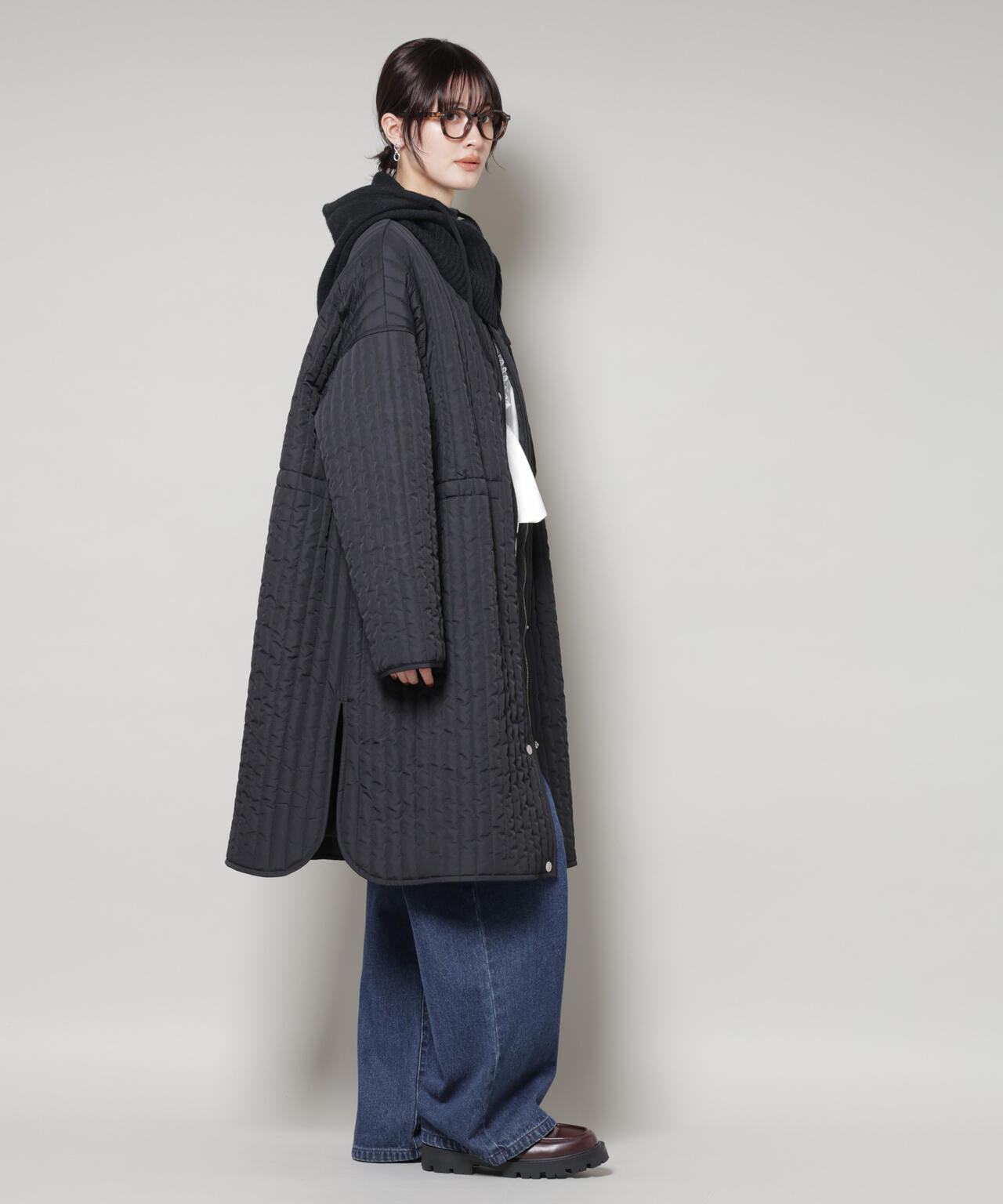 撥水加工 中綿キルティングウエストドロストノーカラーコート 6735211312