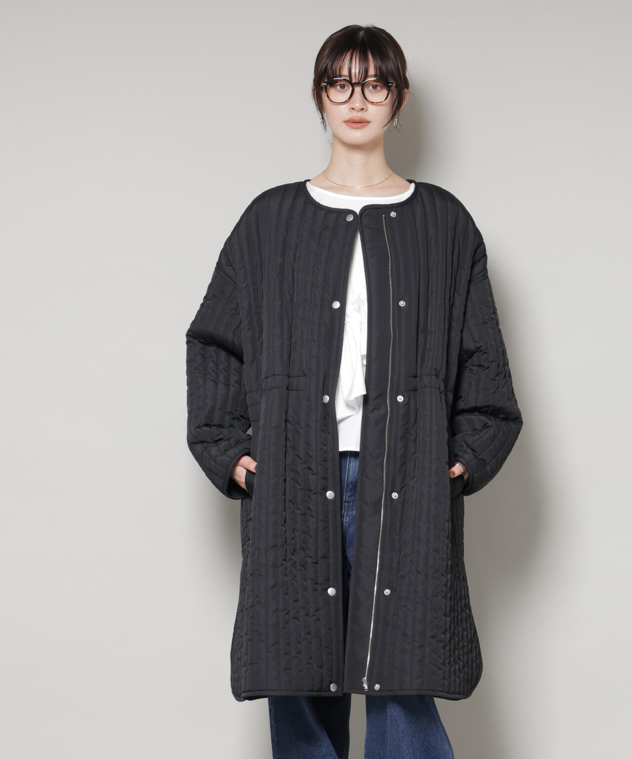 撥水加工 中綿キルティングウエストドロストノーカラーコート 6735211312