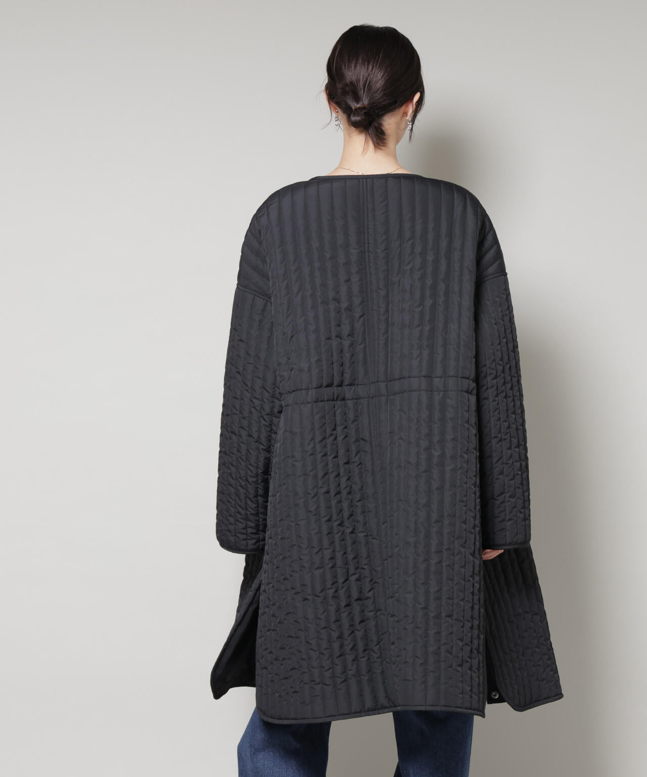 撥水加工 中綿キルティングウエストドロストノーカラーコート 6735211312