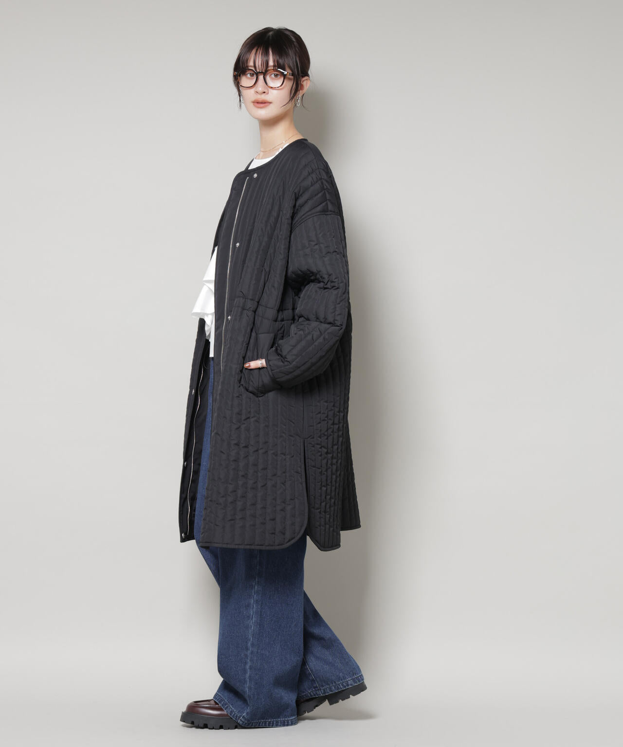 撥水加工 中綿キルティングウエストドロストノーカラーコート 6735211312