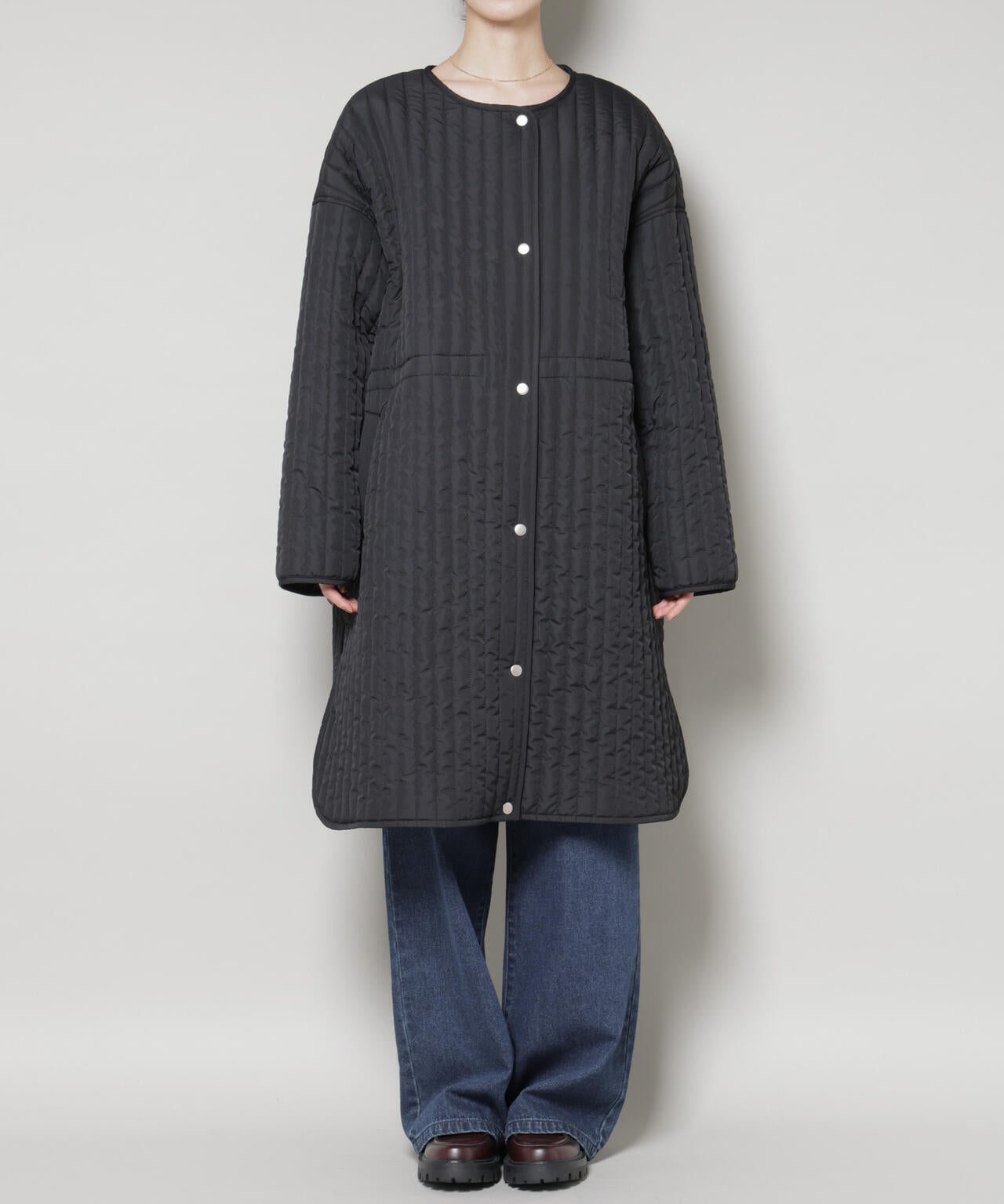 撥水加工 中綿キルティングウエストドロストノーカラーコート 6735211312