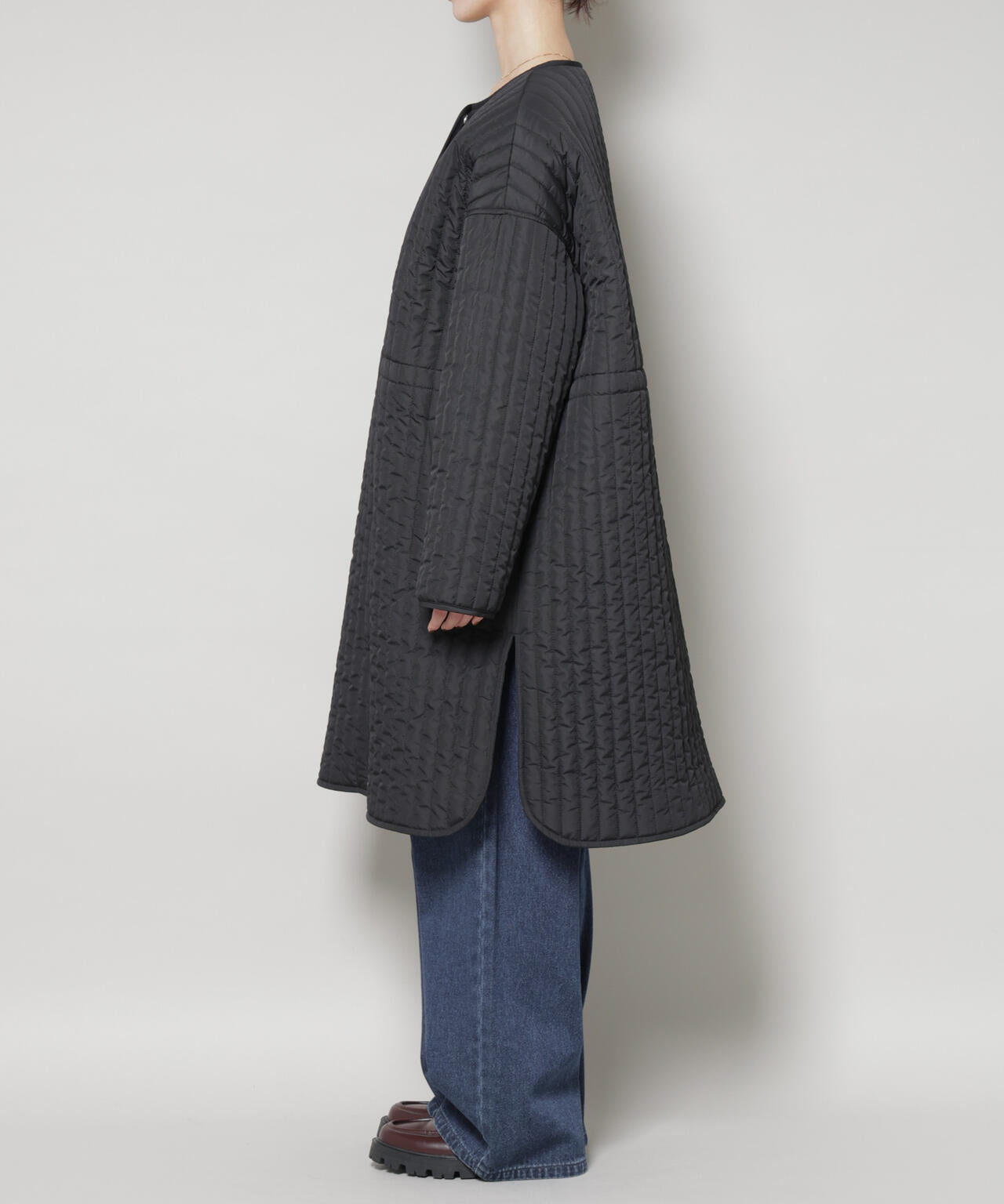 撥水加工 中綿キルティングウエストドロストノーカラーコート 6735211312