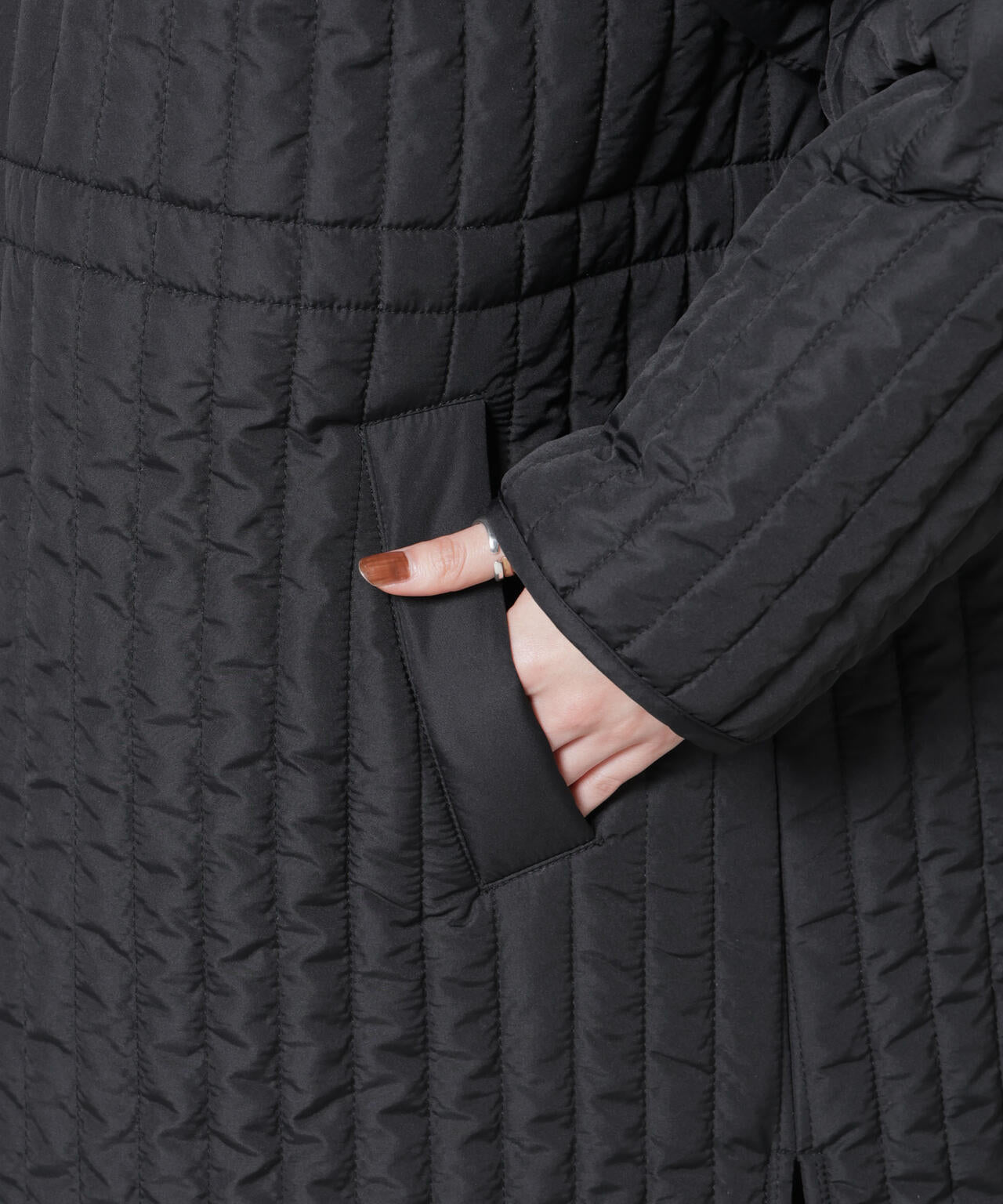 撥水加工 中綿キルティングウエストドロストノーカラーコート 6735211312