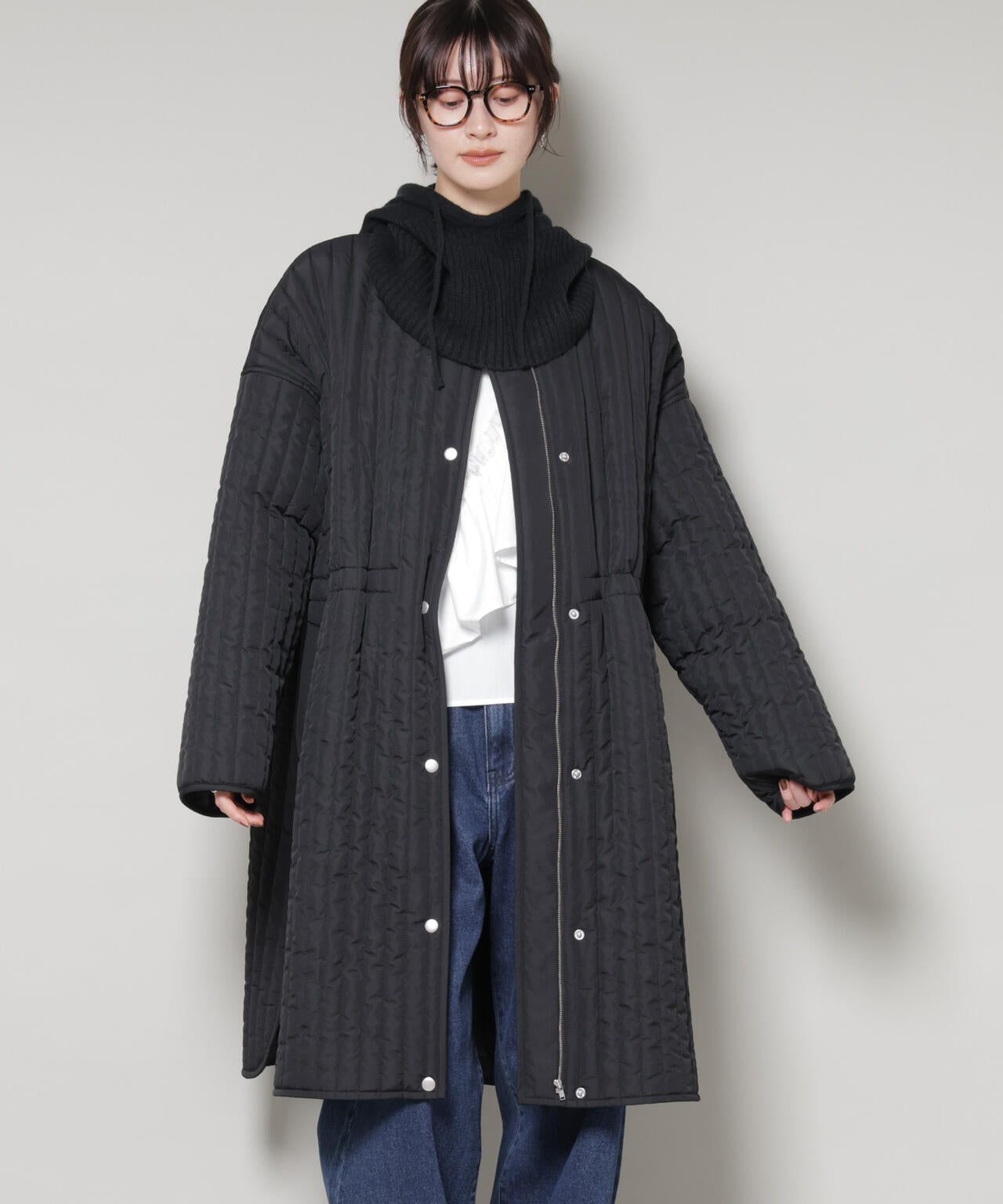 撥水加工 中綿キルティングウエストドロストノーカラーコート 6735211312