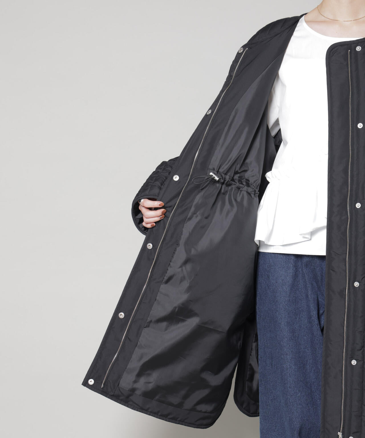 撥水加工 中綿キルティングウエストドロストノーカラーコート 6735211312