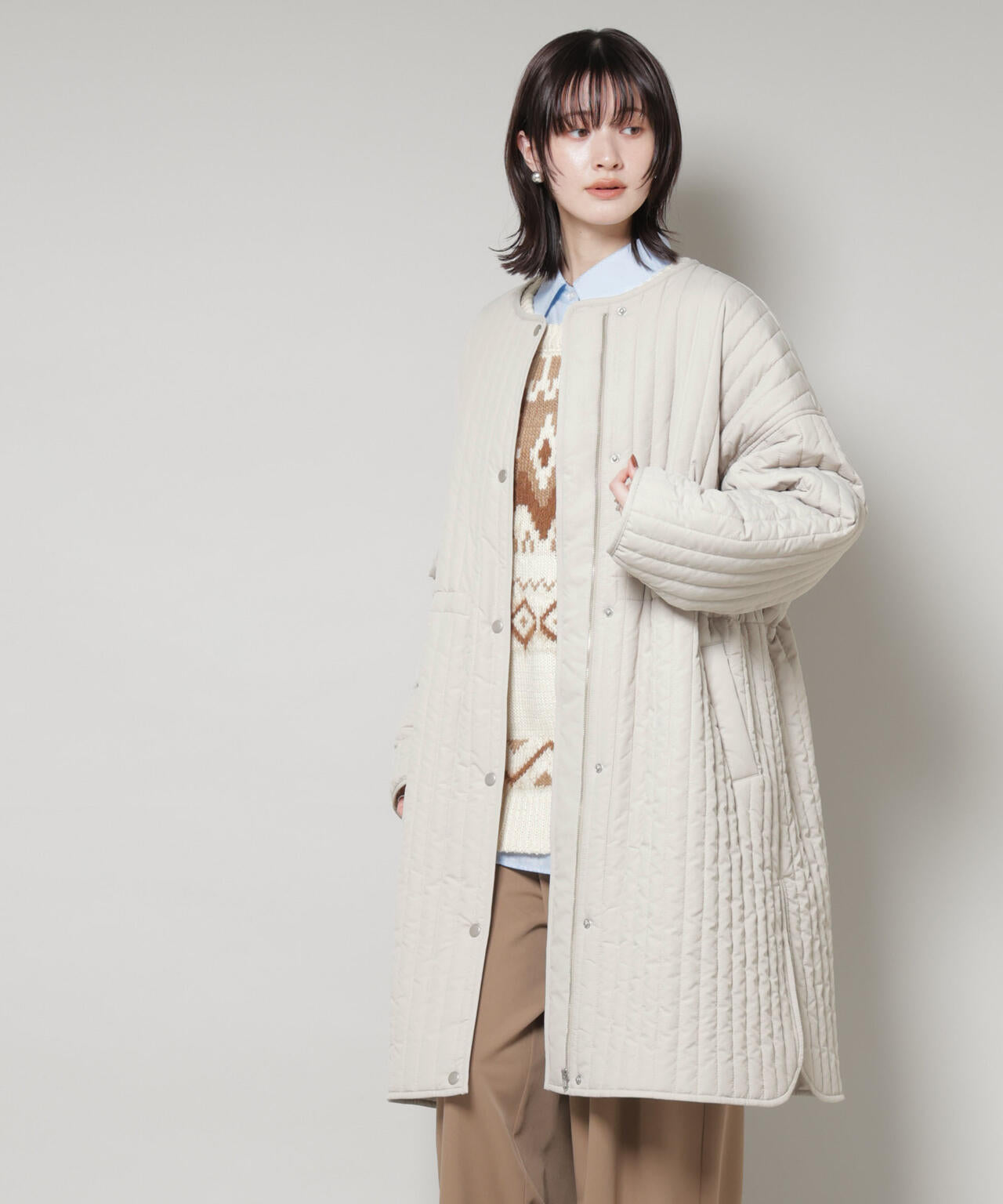 撥水加工 中綿キルティングウエストドロストノーカラーコート 6735211312