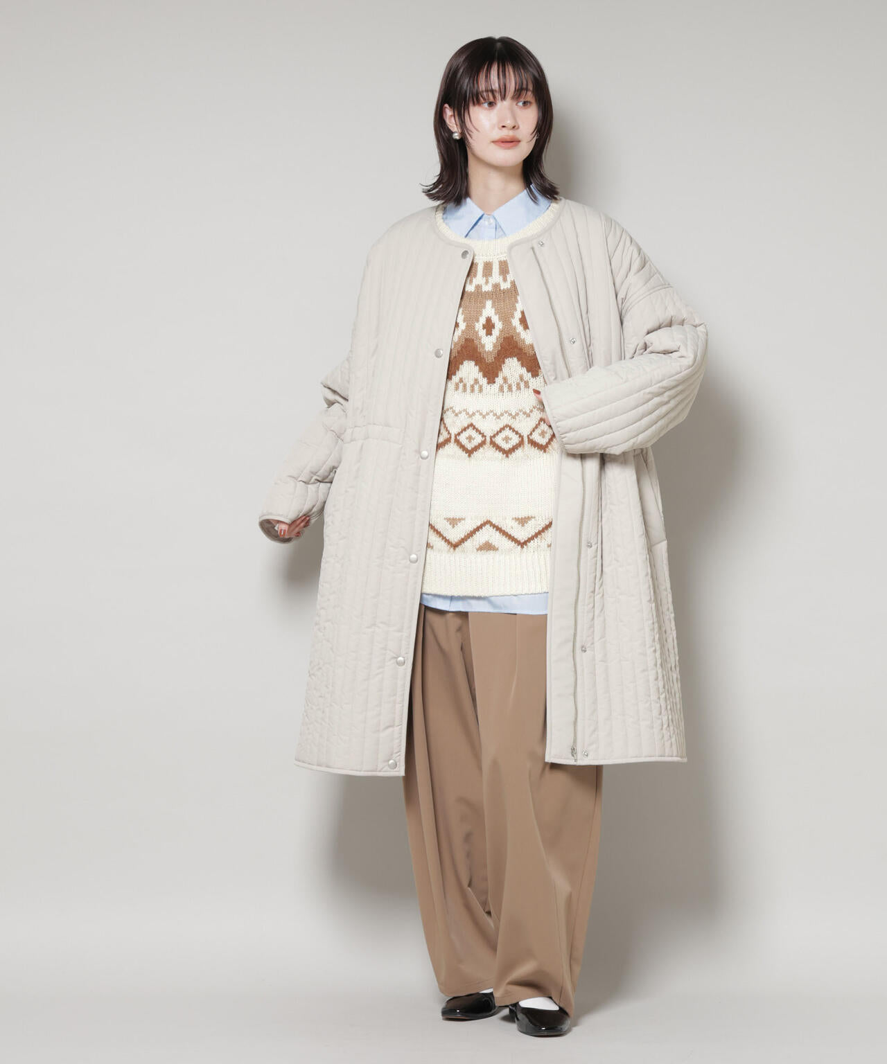 撥水加工 中綿キルティングウエストドロストノーカラーコート 6735211312