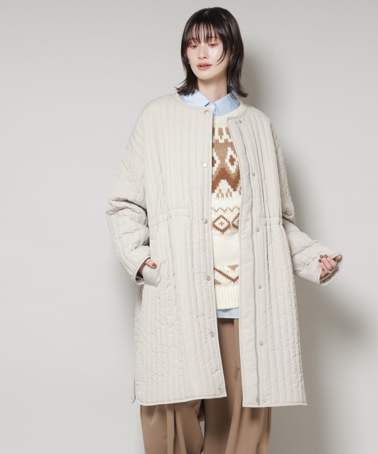 撥水加工 中綿キルティングウエストドロストノーカラーコート 6735211312