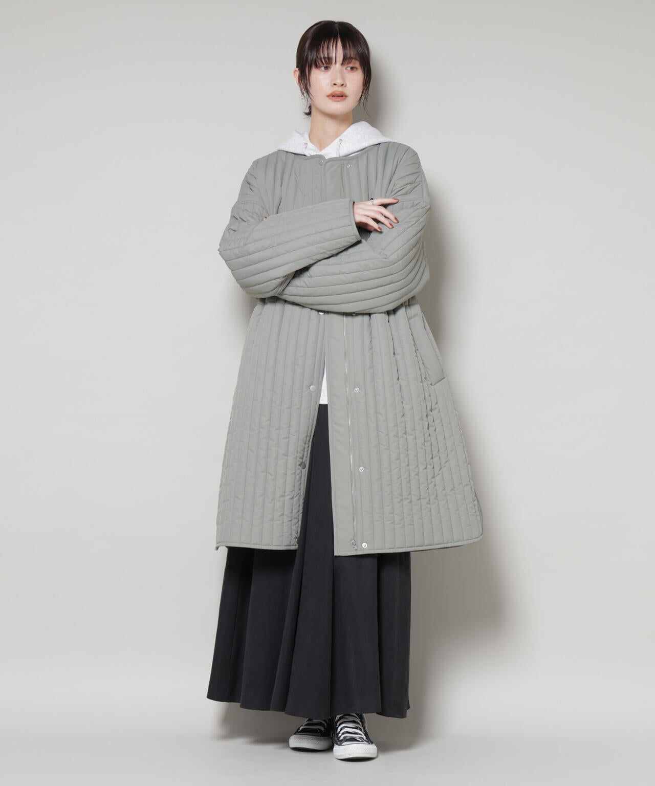 撥水加工 中綿キルティングウエストドロストノーカラーコート 6735211312