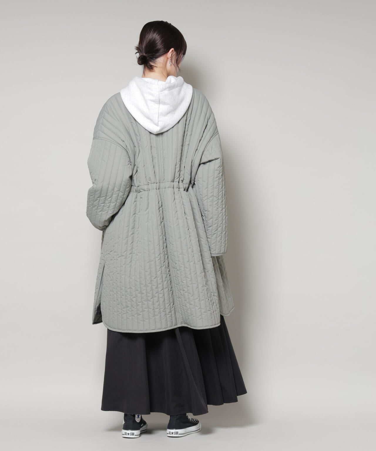 撥水加工 中綿キルティングウエストドロストノーカラーコート 6735211312