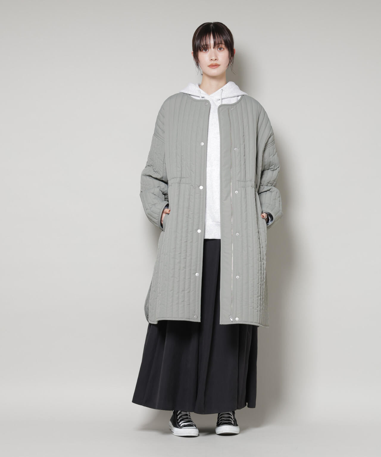 撥水加工 中綿キルティングウエストドロストノーカラーコート 6735211312
