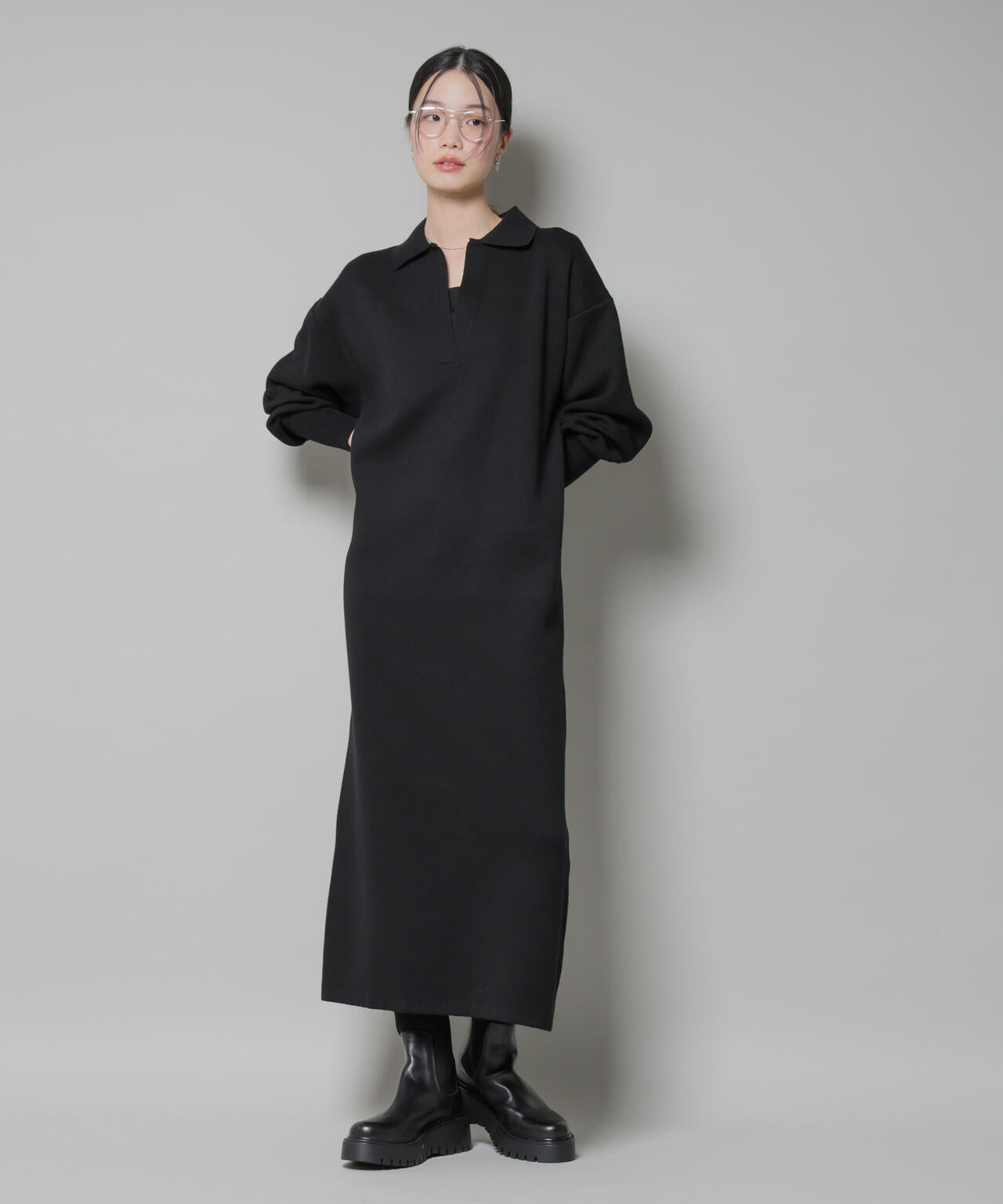 スウェットライク衿付きスキッパーニットワンピース 6735219328