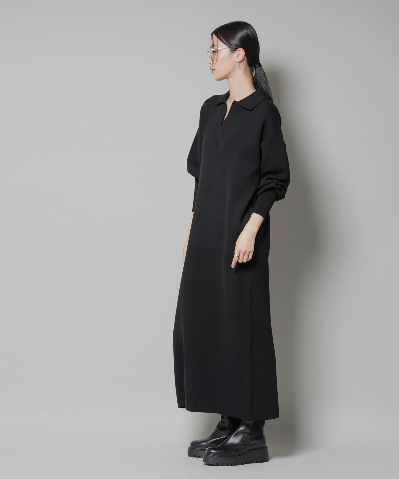 スウェットライク衿付きスキッパーニットワンピース 6735219328