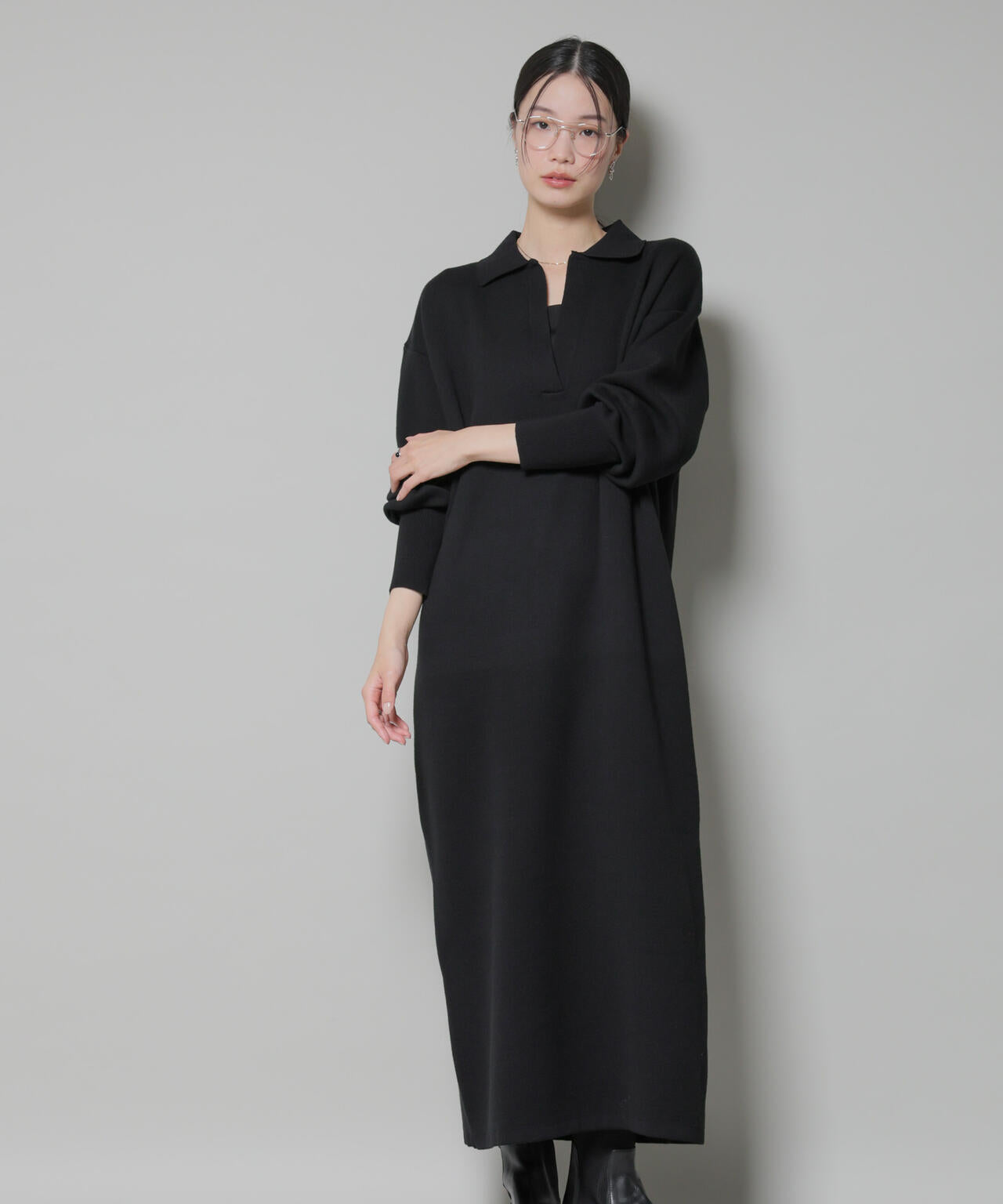 スウェットライク衿付きスキッパーニットワンピース 6735219328