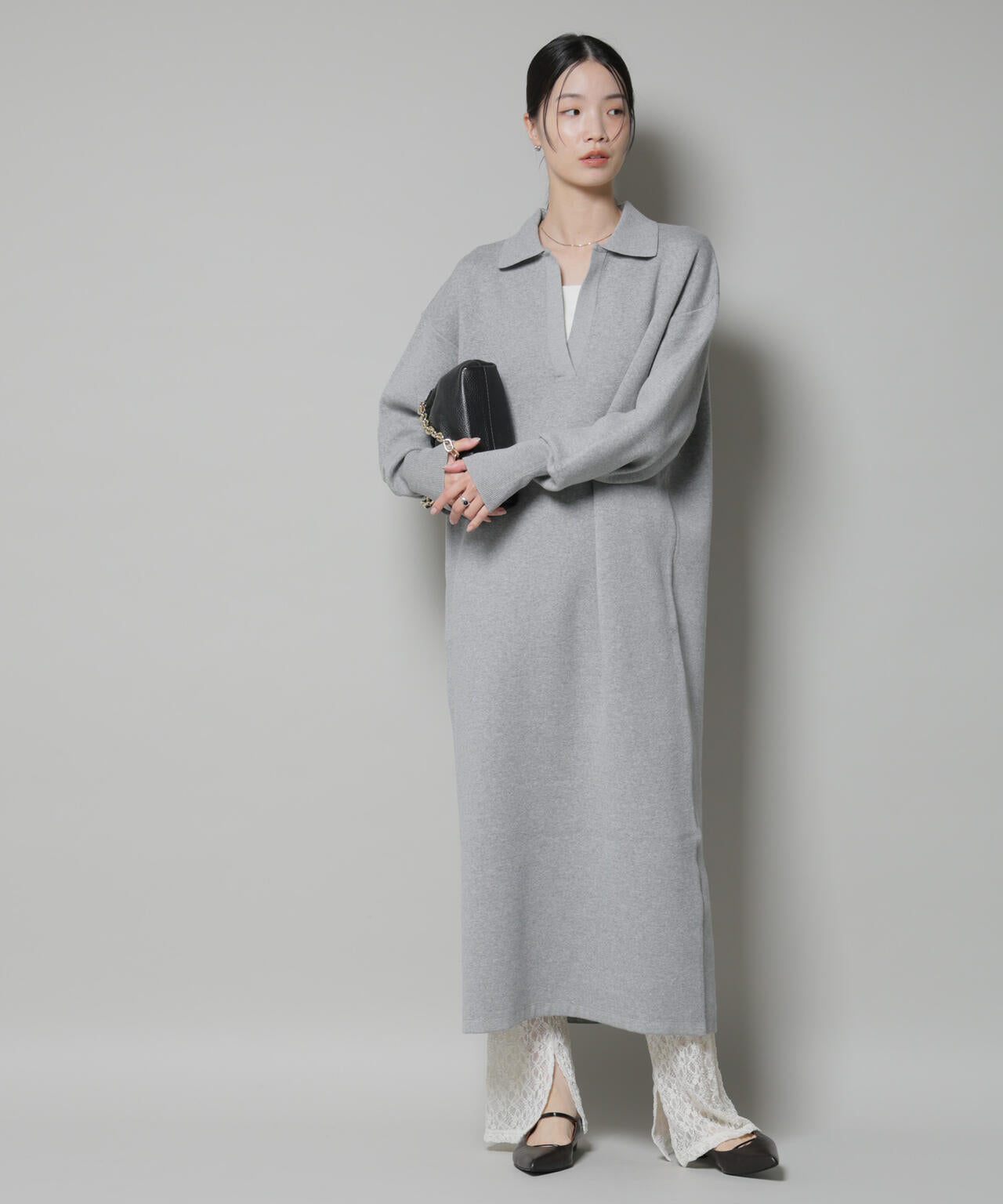 スウェットライク衿付きスキッパーニットワンピース 6735219328