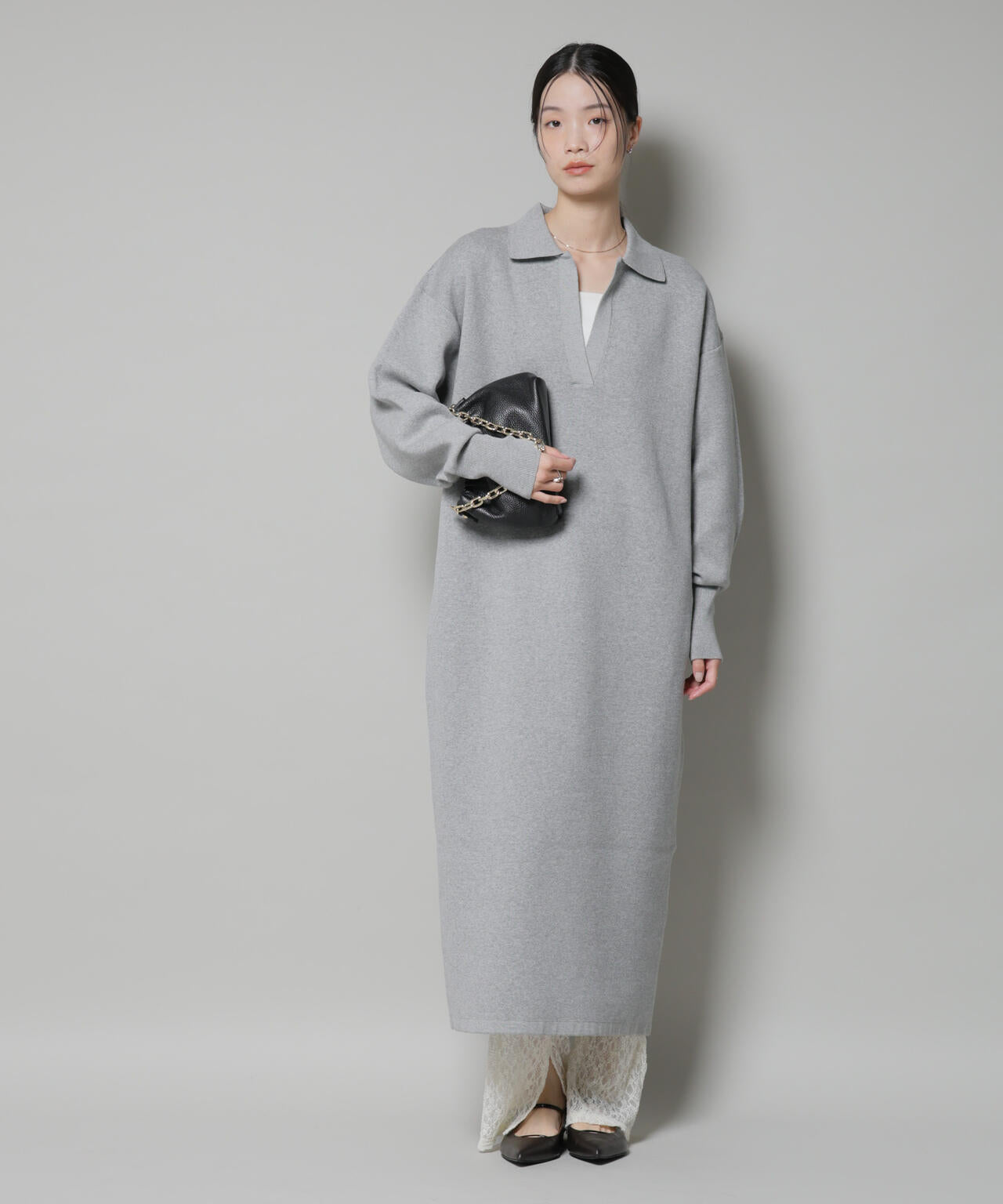 スウェットライク衿付きスキッパーニットワンピース 6735219328