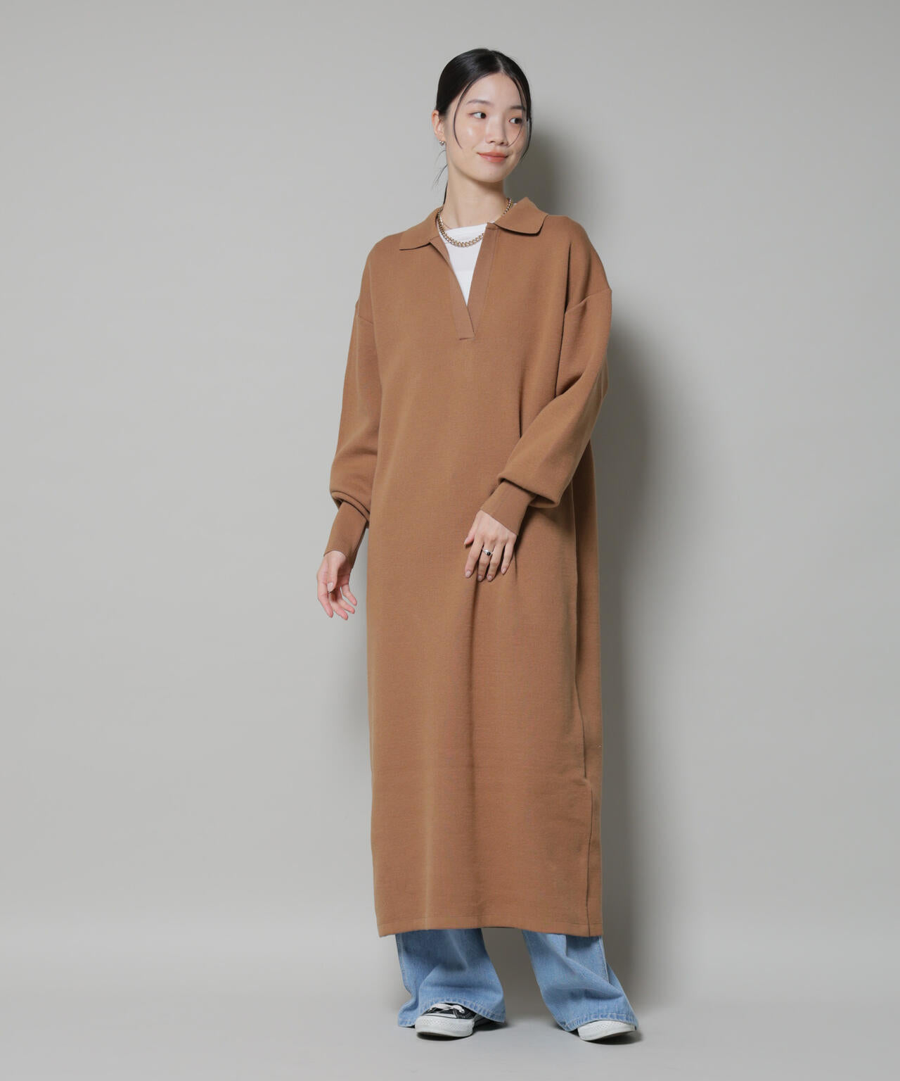 スウェットライク衿付きスキッパーニットワンピース 6735219328