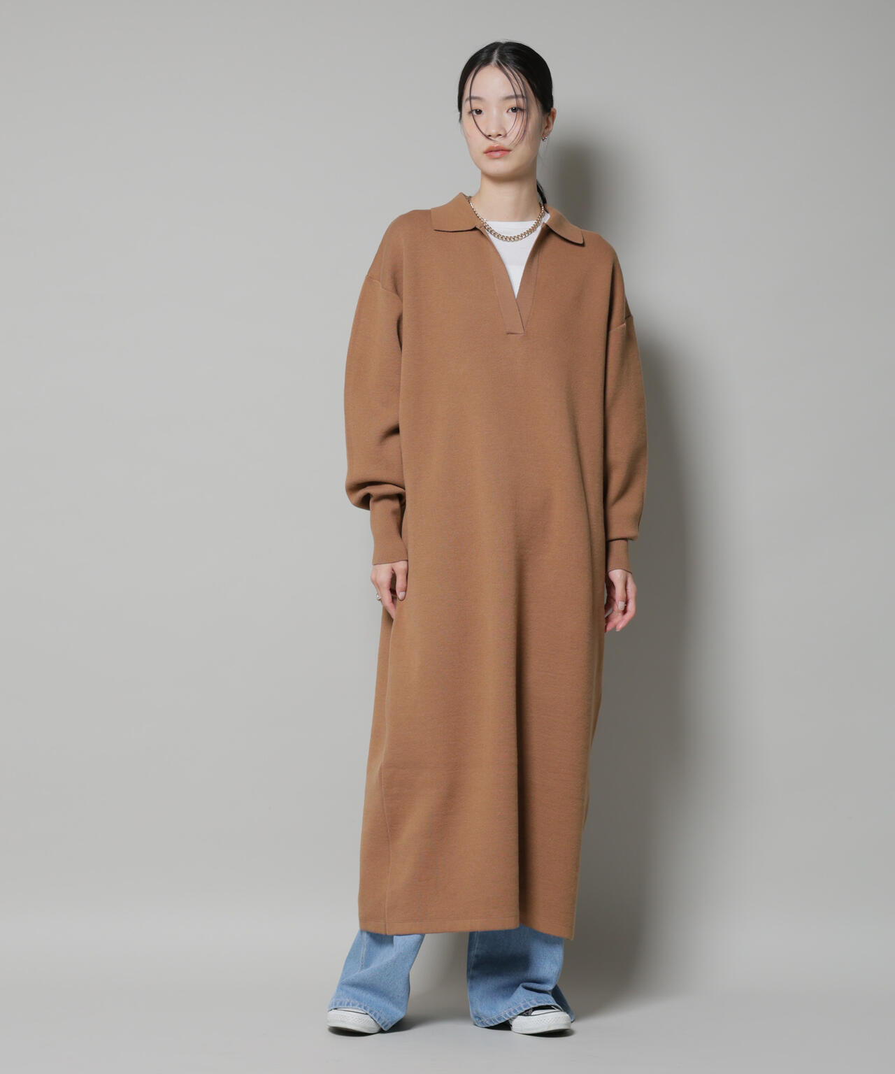 スウェットライク衿付きスキッパーニットワンピース 6735219328