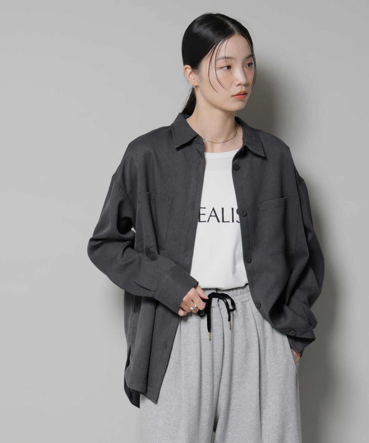 ウールライクポリエステルワイドシルエットシャツ(セットアップ可) 6735220313