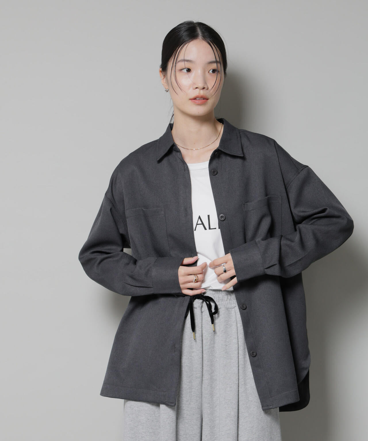 ウールライクポリエステルワイドシルエットシャツ(セットアップ可) 6735220313