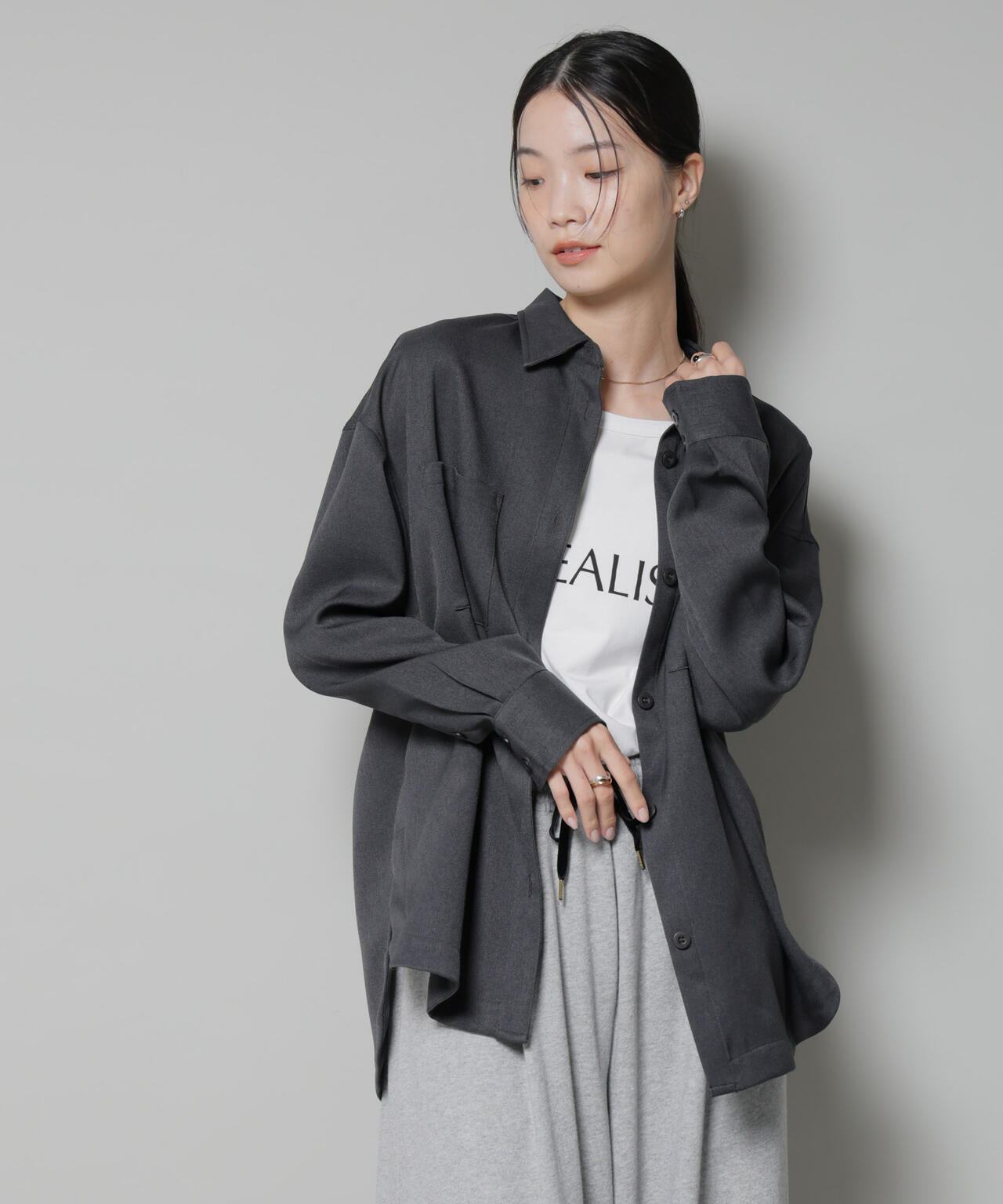 ウールライクポリエステルワイドシルエットシャツ(セットアップ可)