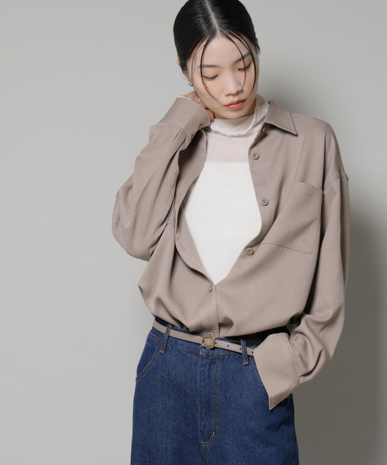 ウールライクポリエステルワイドシルエットシャツ(セットアップ可) 6735220313