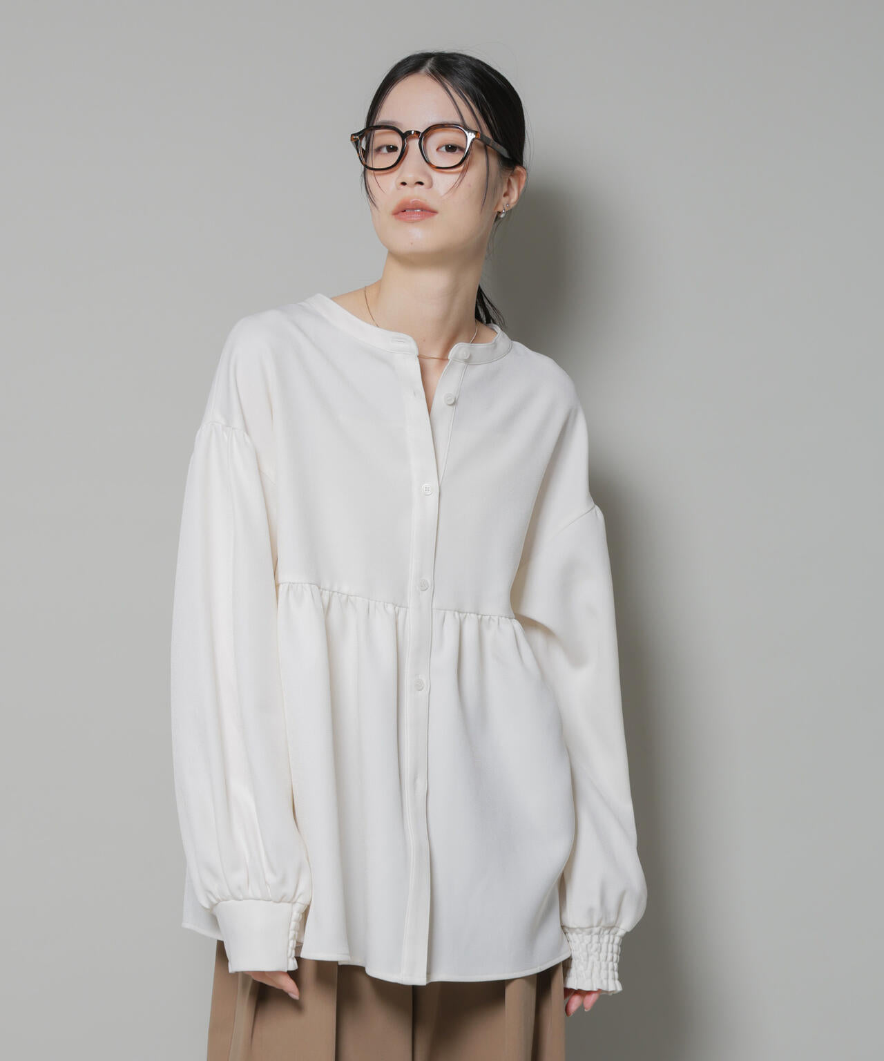 ウールライクポリエステル前後2way切り替えペプラムブラウス(セットアップ可) 6735220314