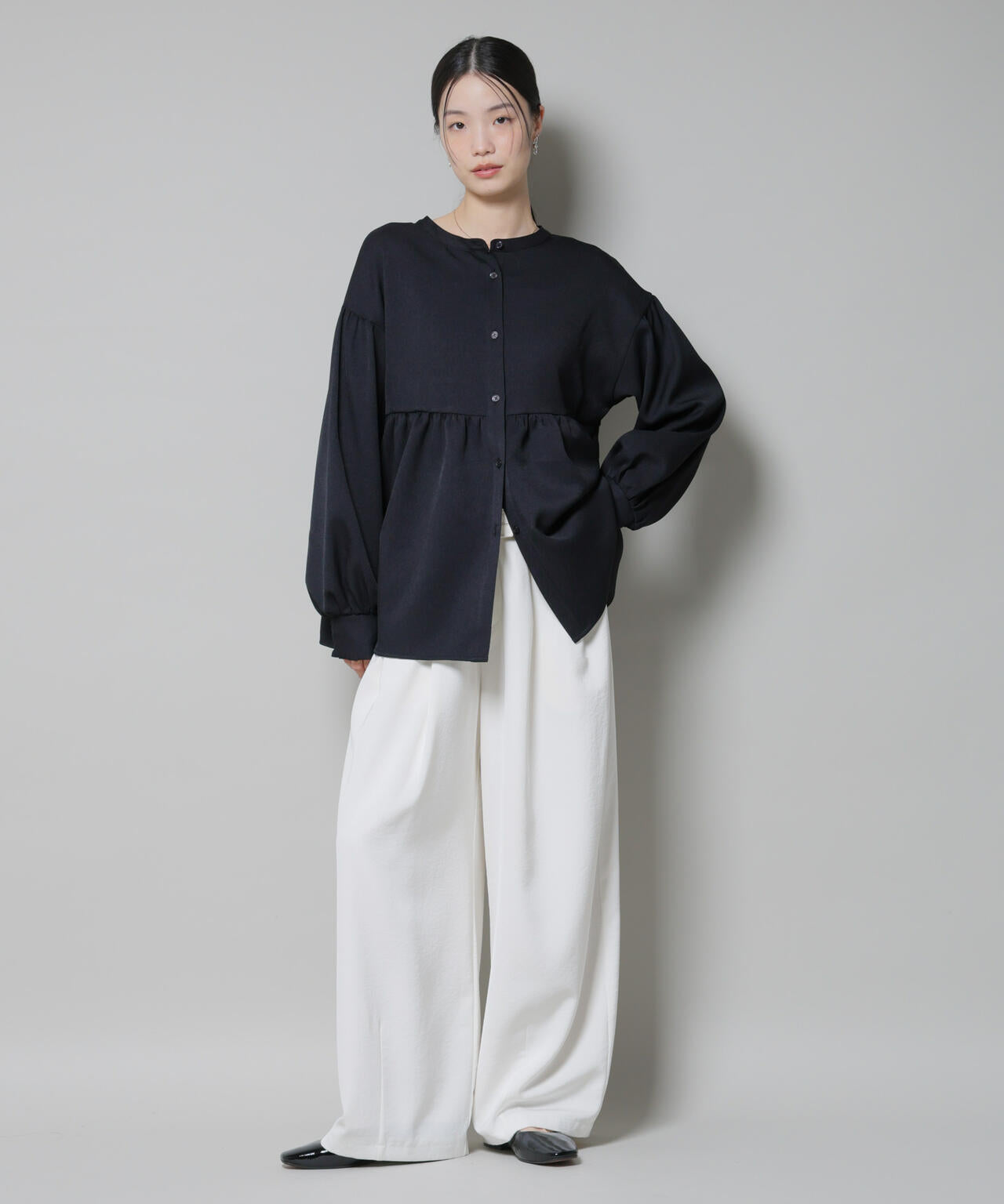 ウールライクポリエステル前後2way切り替えペプラムブラウス(セットアップ可) 6735220314