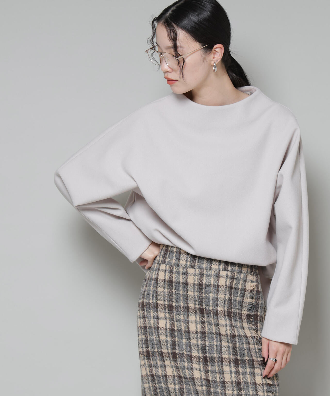 ソフトメルトンジャージータックスリーブモックネックトップス(セットアップ可) 6735220315