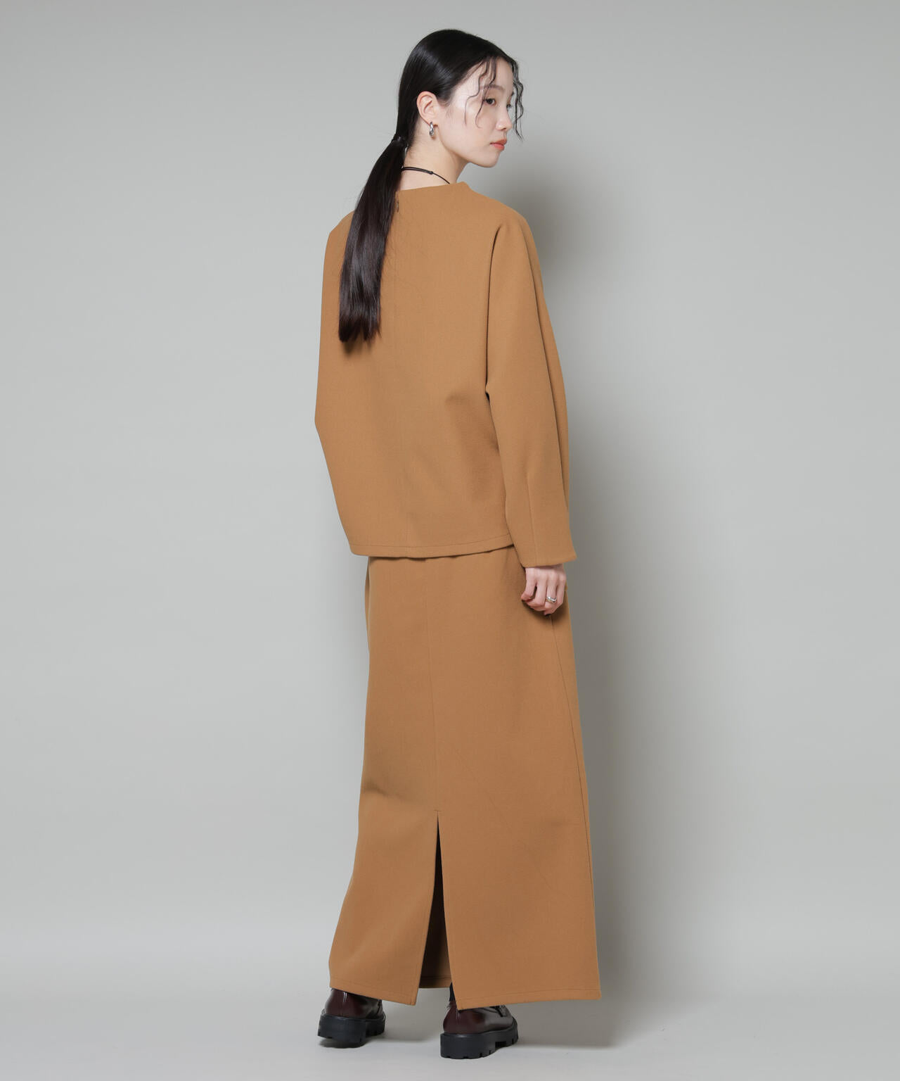 ソフトメルトンジャージータックスリーブモックネックトップス(セットアップ可) 6735220315