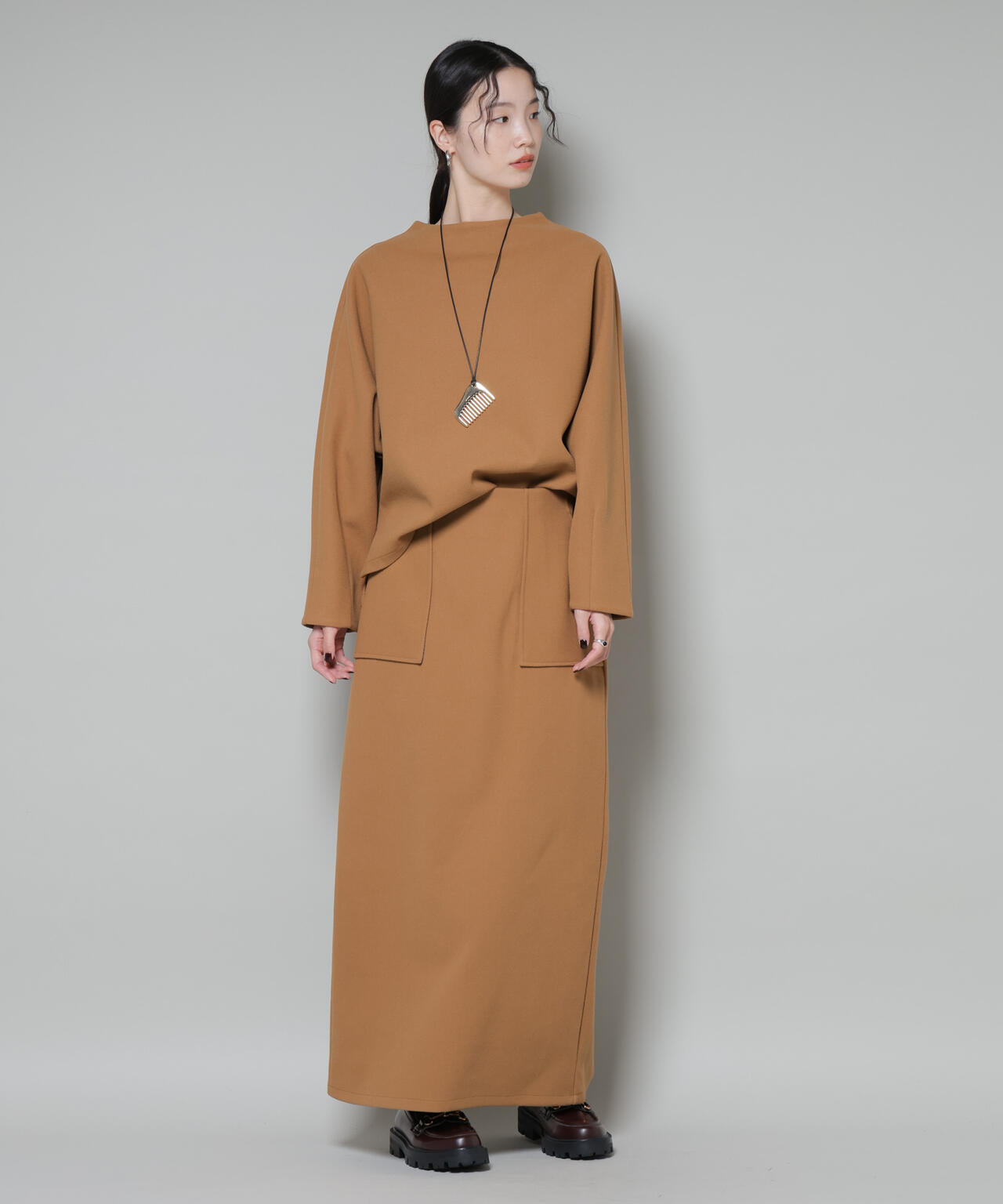 ソフトメルトンジャージータックスリーブモックネックトップス(セットアップ可) 6735220315