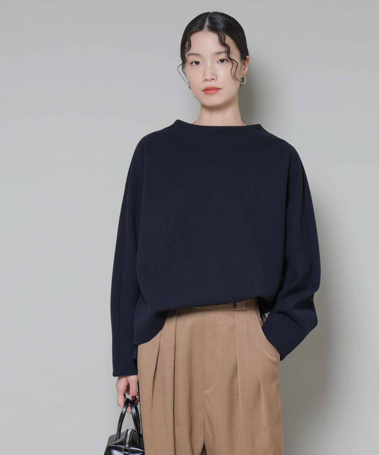 ソフトメルトンジャージータックスリーブモックネックトップス(セットアップ可) 6735220315