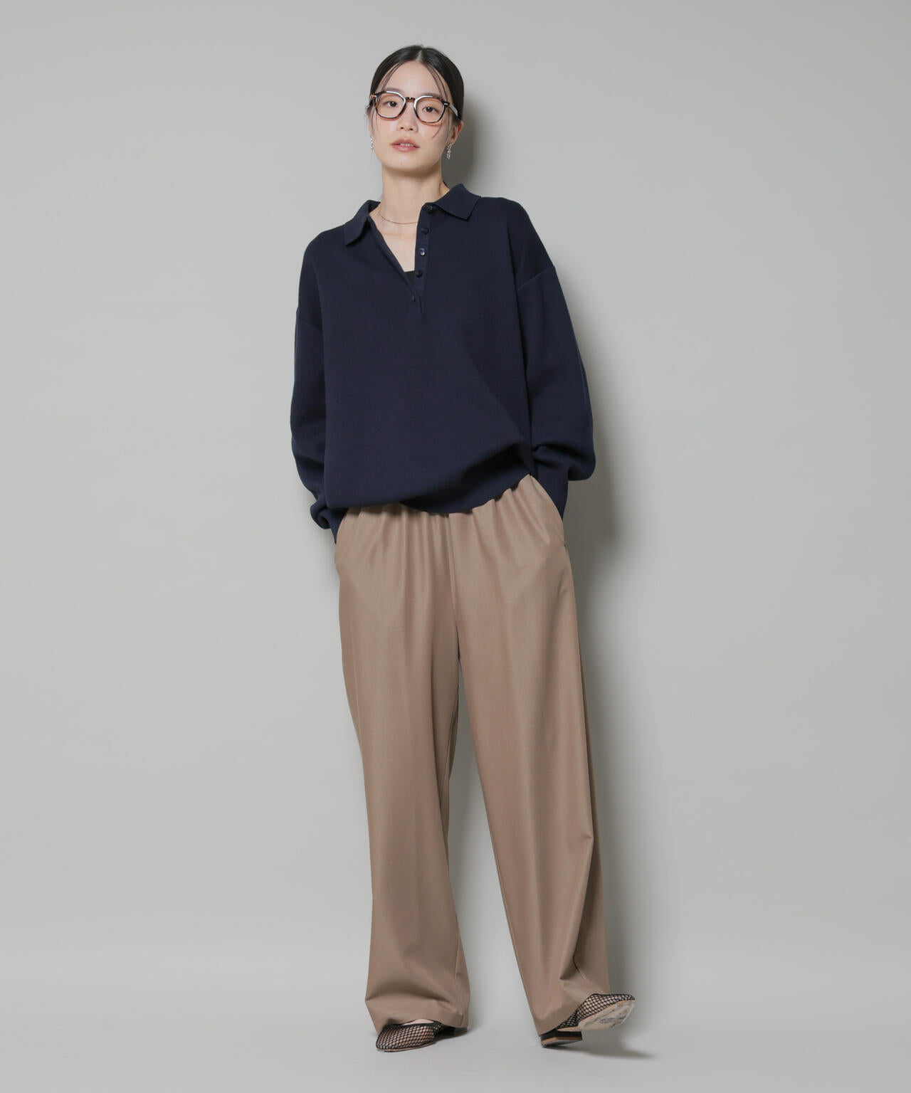 スウェットライク衿付きボタンニット 6735222346