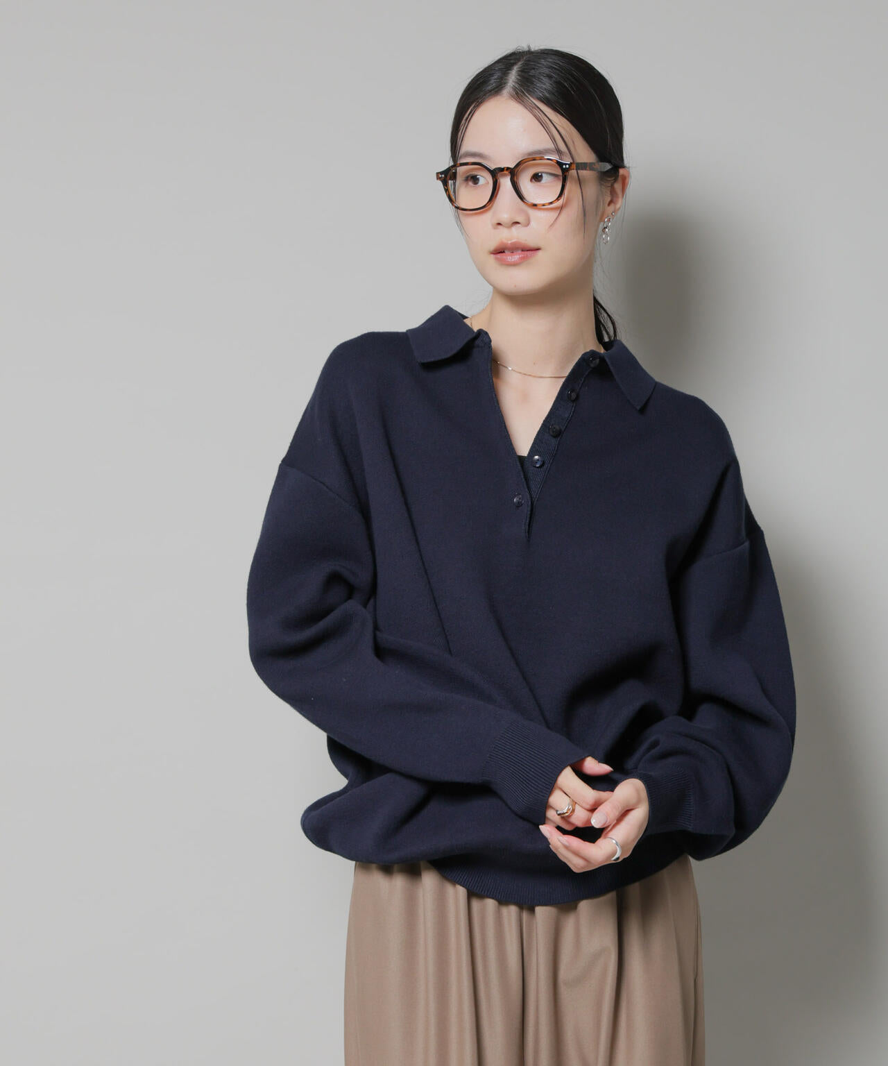 スウェットライク衿付きボタンニット 6735222346