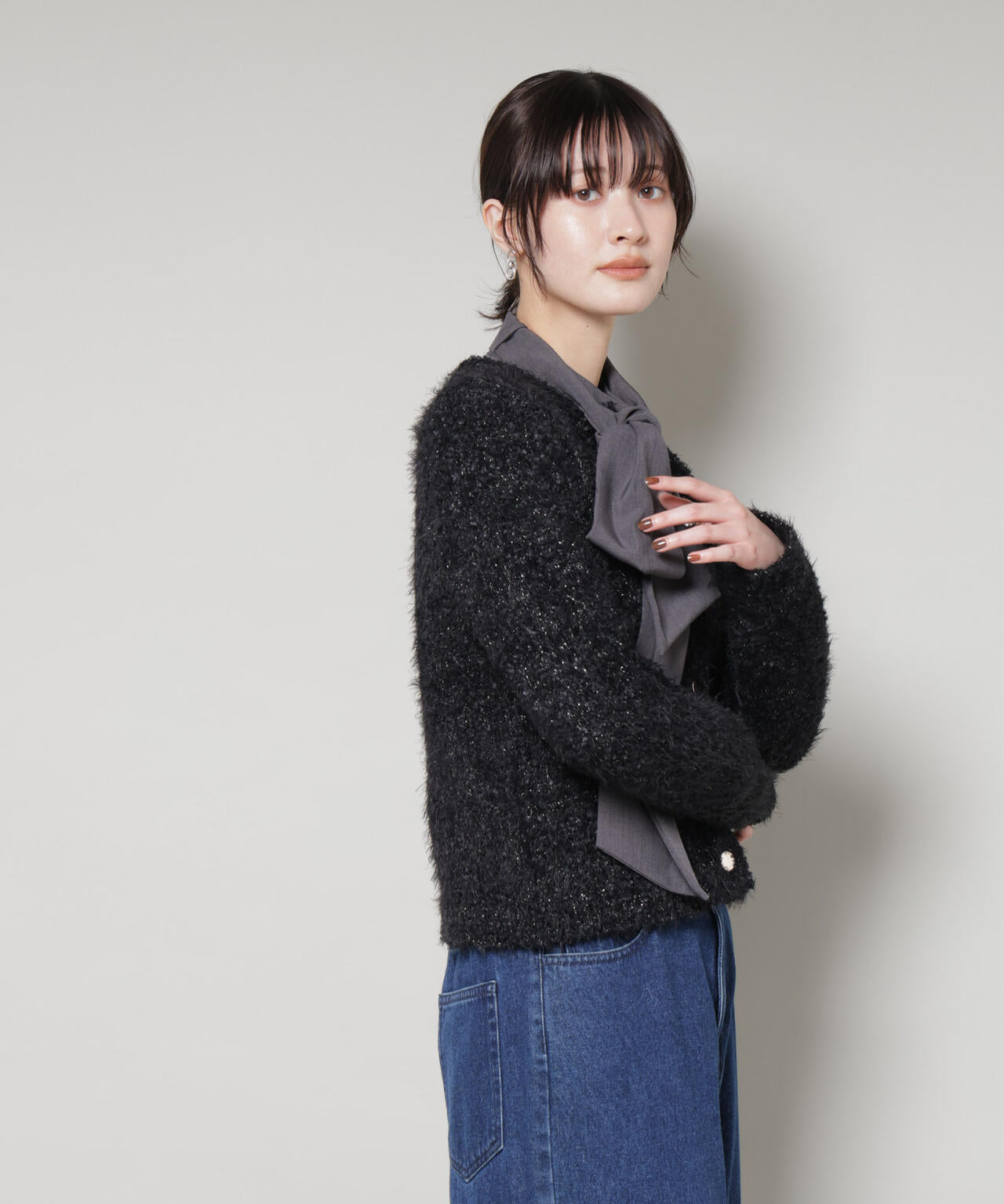 チュールシャギークルーネックニットカーディガン 6735222348