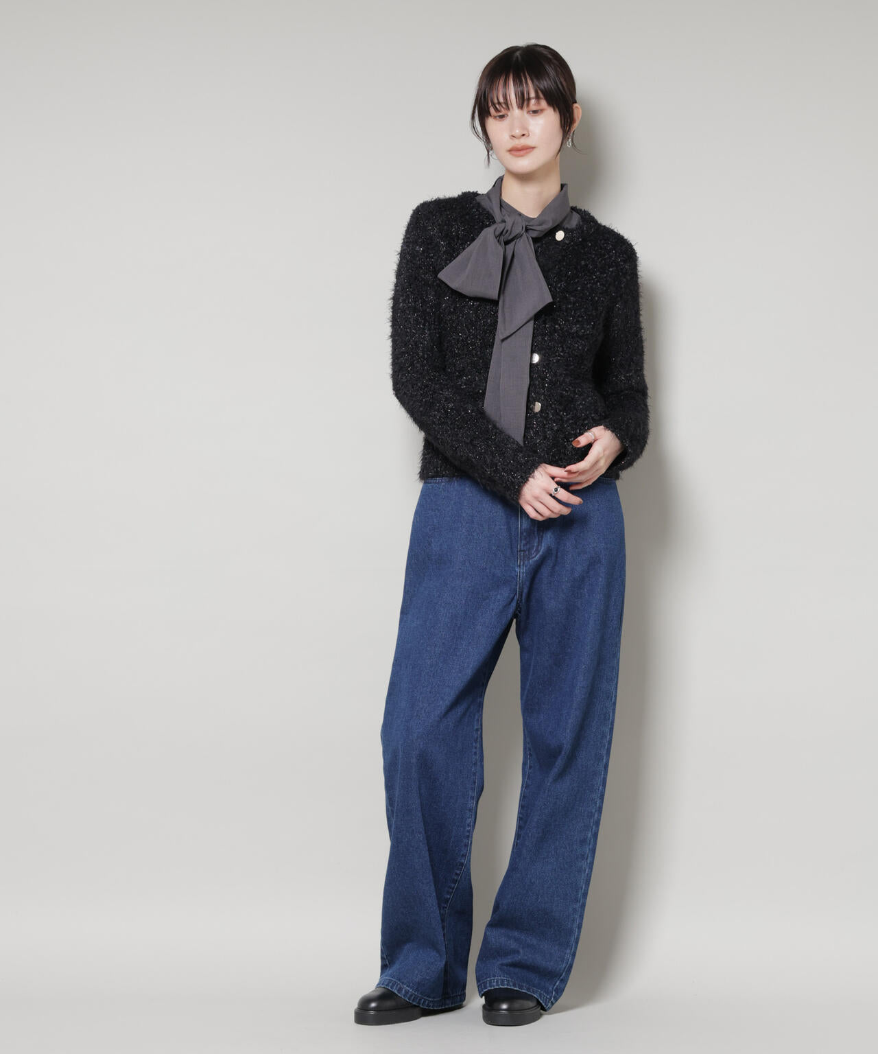 チュールシャギークルーネックニットカーディガン 6735222348