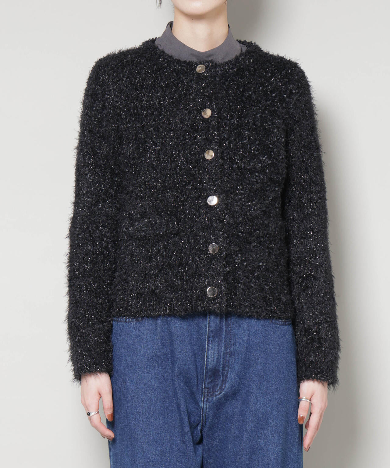 チュールシャギークルーネックニットカーディガン 6735222348