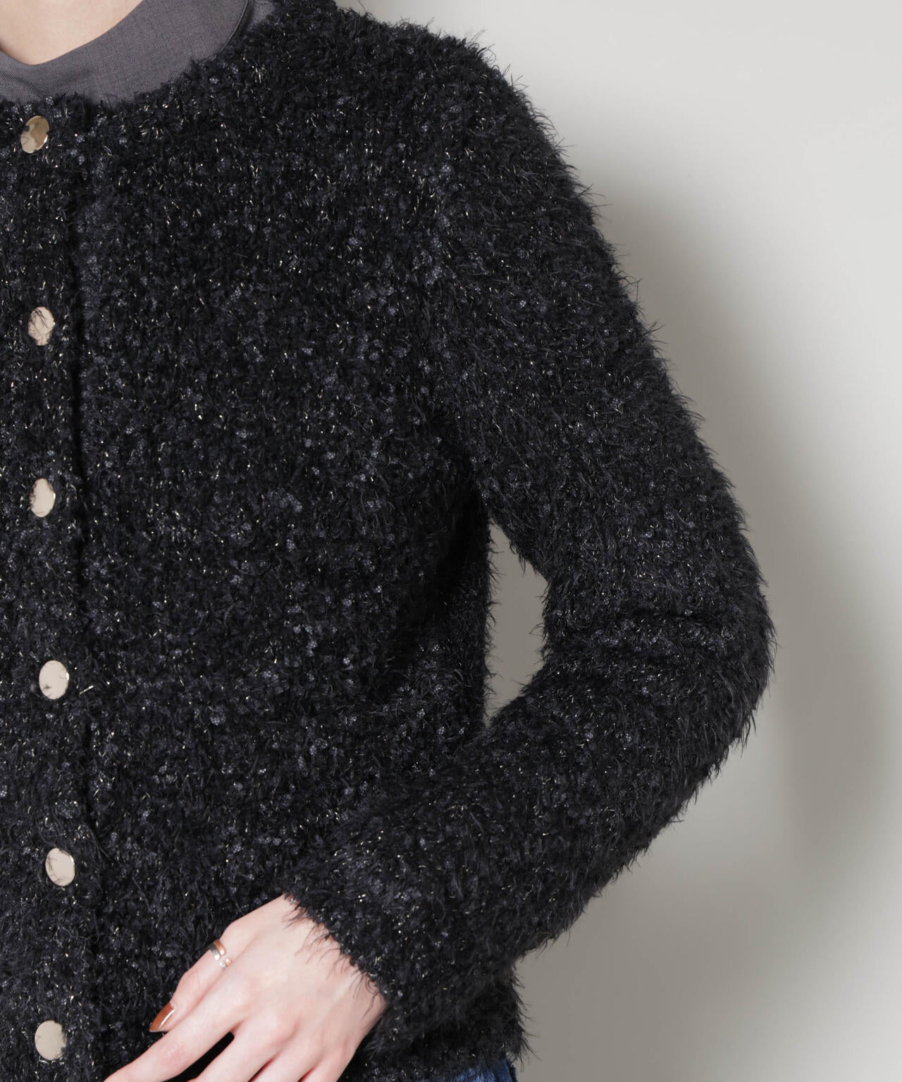 チュールシャギークルーネックニットカーディガン 6735222348