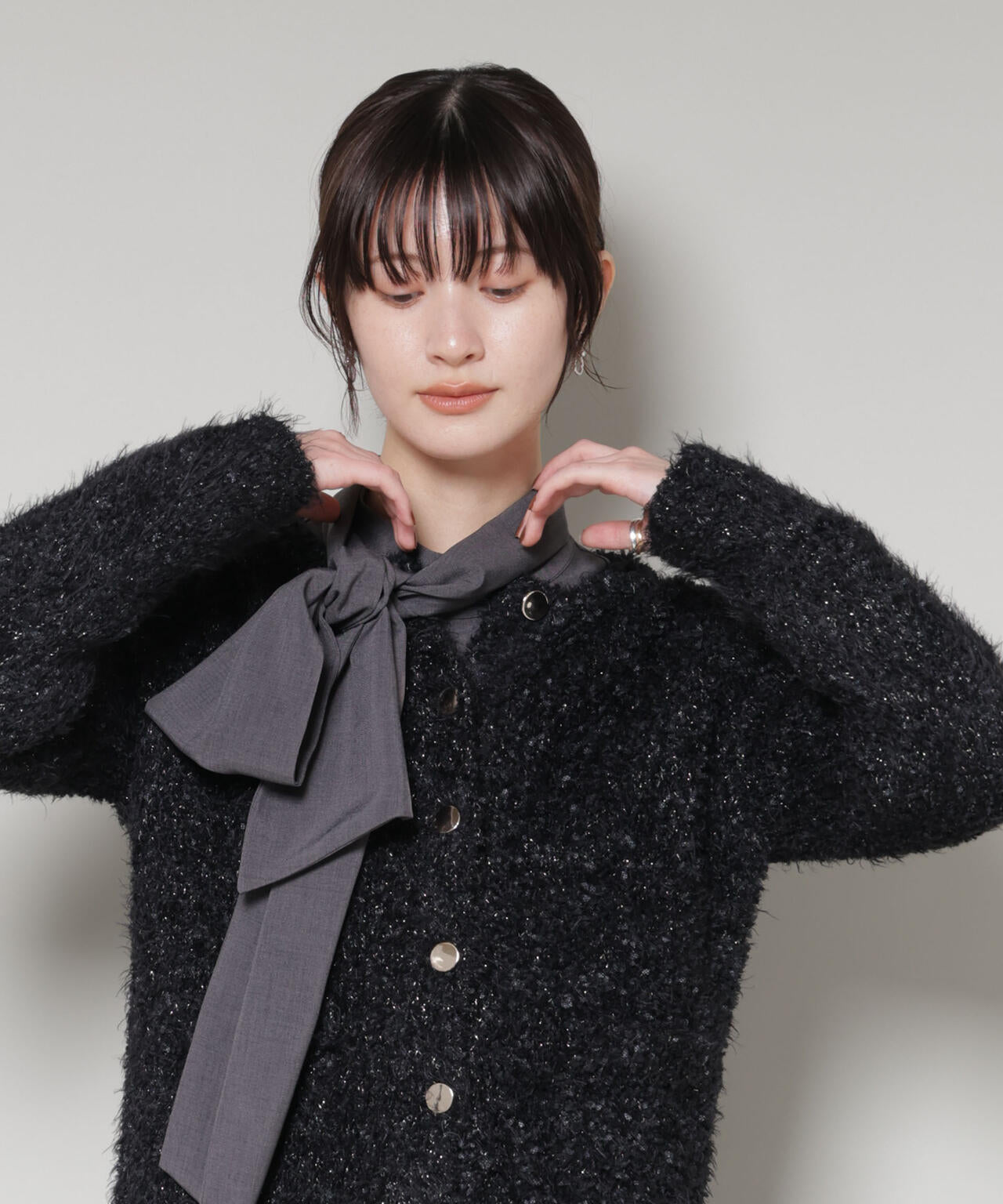 チュールシャギークルーネックニットカーディガン 6735222348